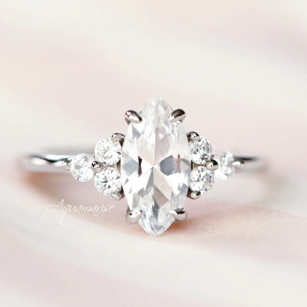 Marquise Cut White Sapphire Engagement Ring Set in Sterling Silver - Image 4