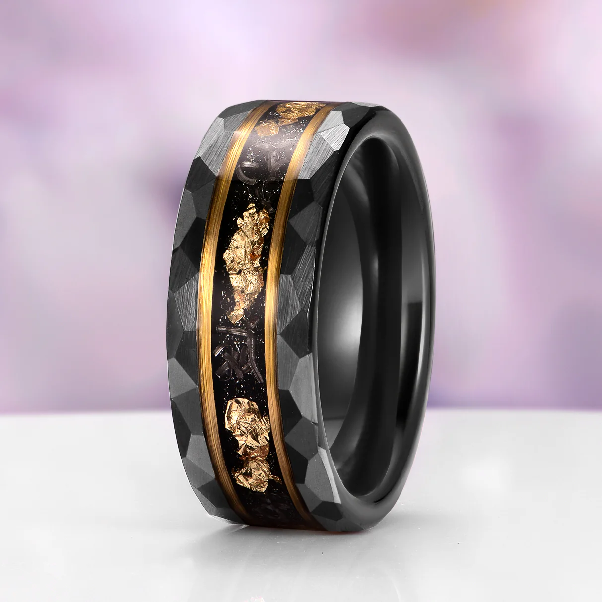 Meteorite & Gold Leaf Wedding Band in Two Tone Black Tungsten (8mm) - Image 7