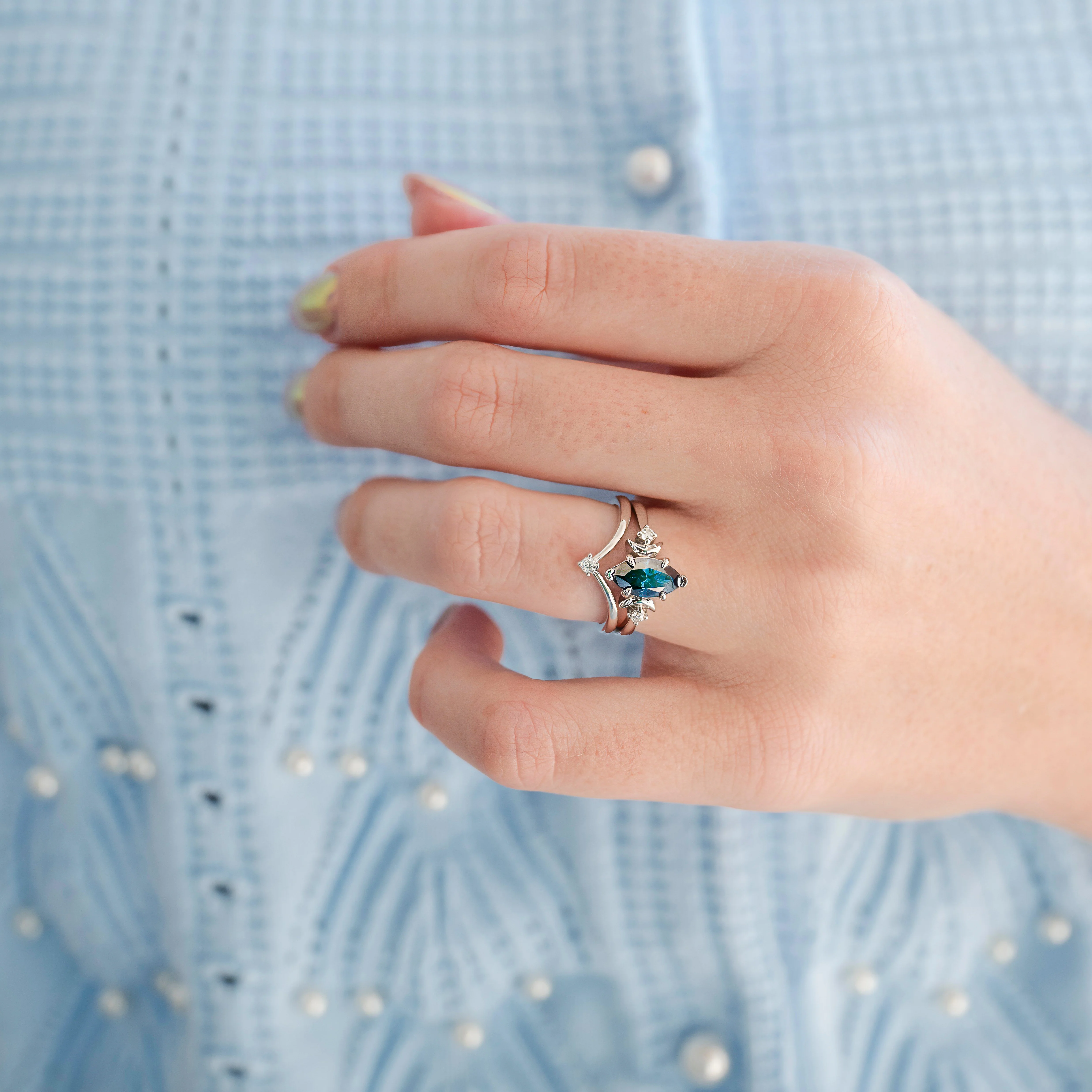 Midnight Blue Moissanite Crescent Moon Engagement Ring Set in Sterling Silver - Image 2