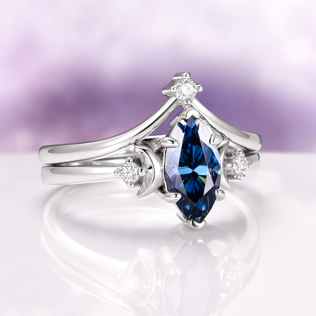 Midnight Blue Moissanite Crescent Moon Engagement Ring Set in Sterling Silver - Image 3