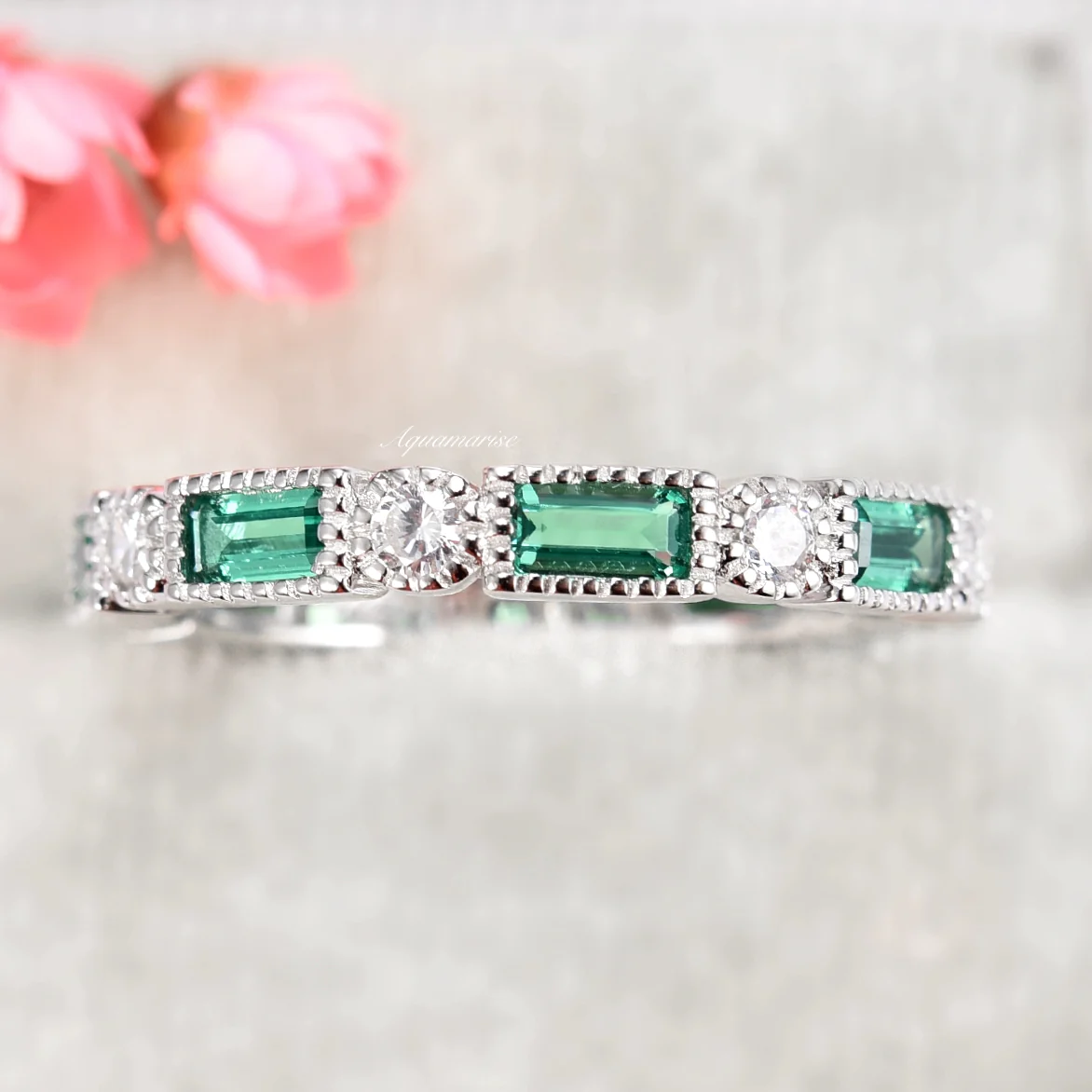 Ari Art Deco Emerald Wedding Band- Sterling Silver - Image 2