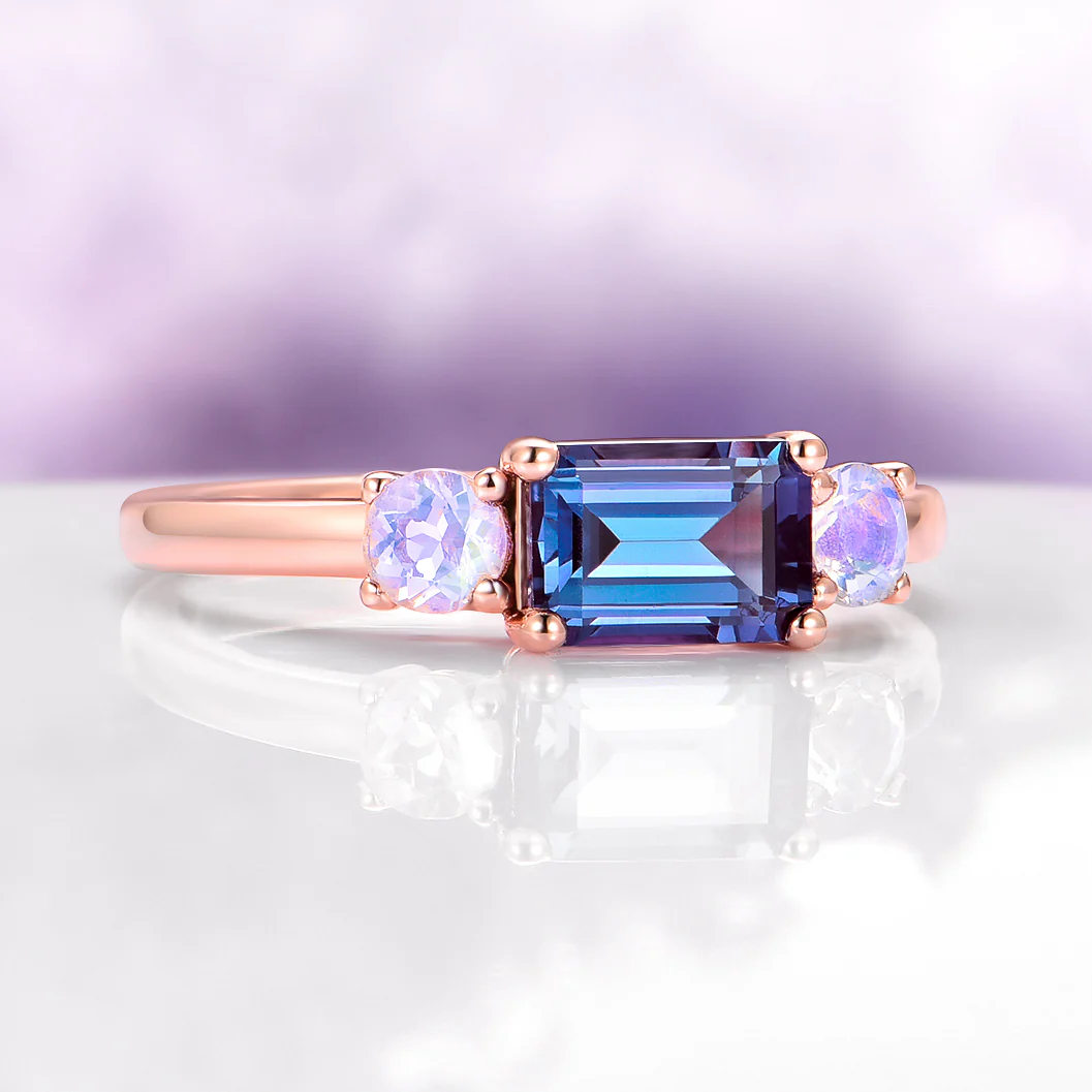 Alexandrite and Moonstone Ring in 14K Solid Rose Gold - Image 4