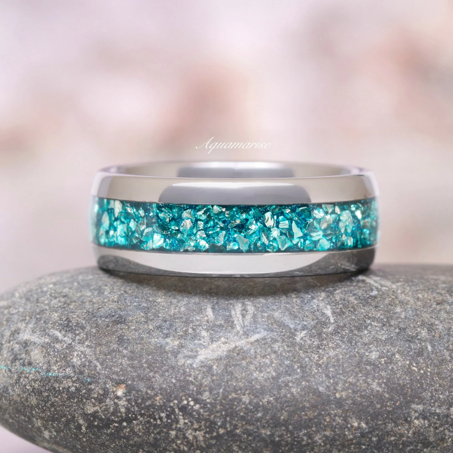 Minimalist Crushed Aquamarine Couples Ring Set - Image 4