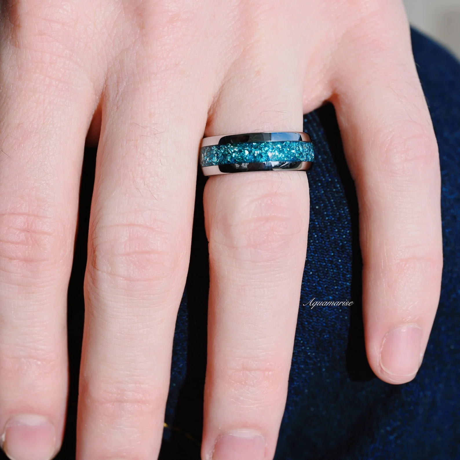 Minimalist Crushed Aquamarine Couples Ring Set - Image 6