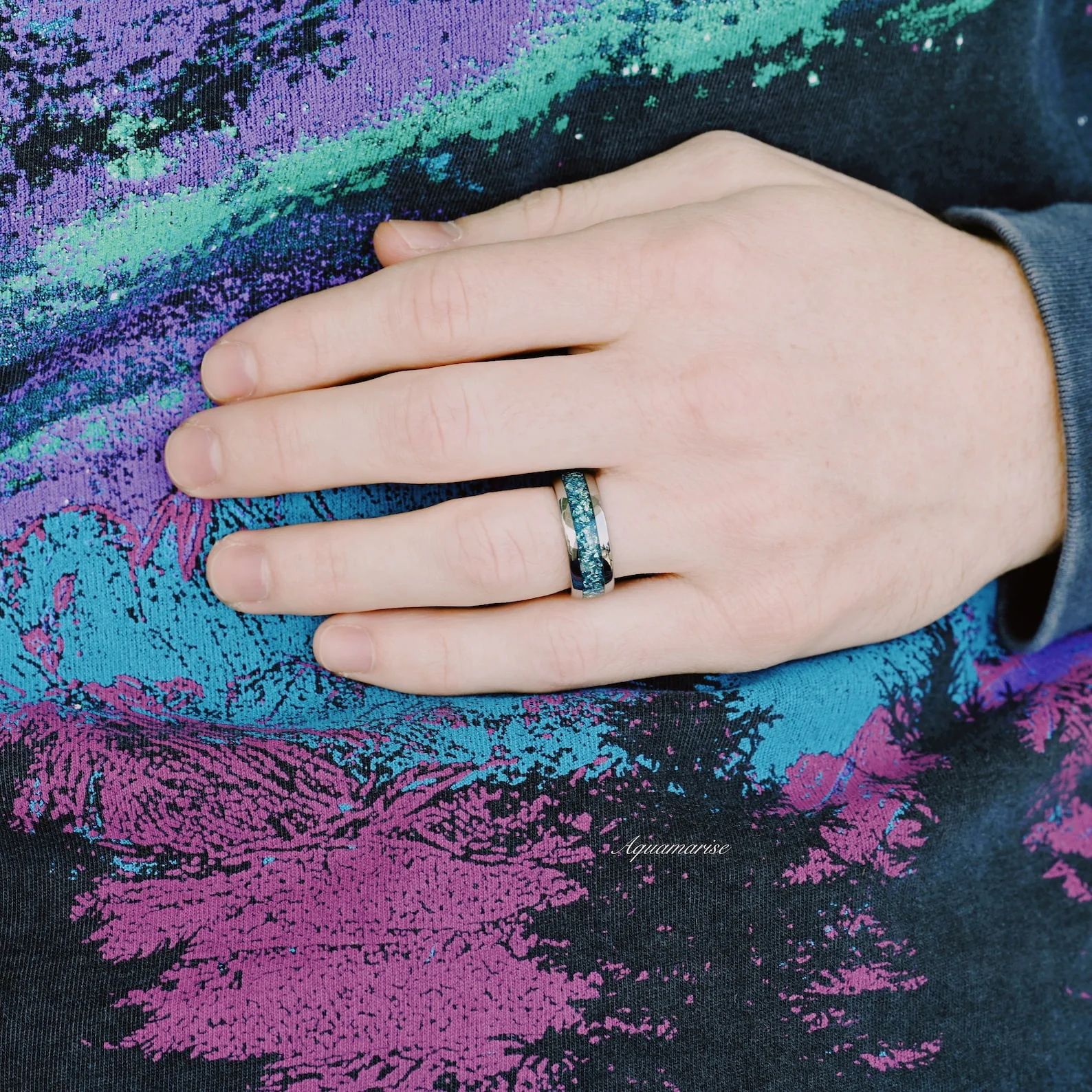Minimalist Crushed Aquamarine Couples Ring Set - Image 7