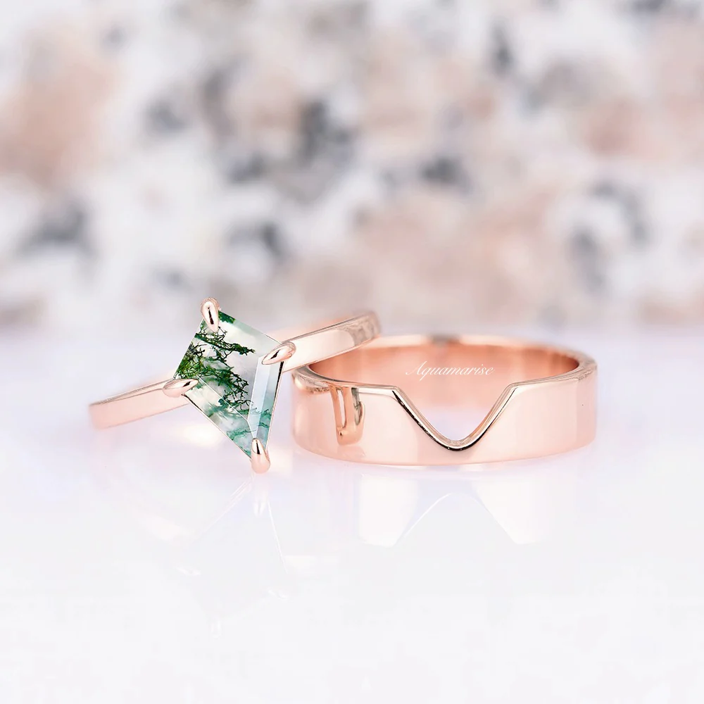 Minimalist Kite Cut Green Moss Agate Engagement Ring in 14K Solid Rose Gold - Image 2
