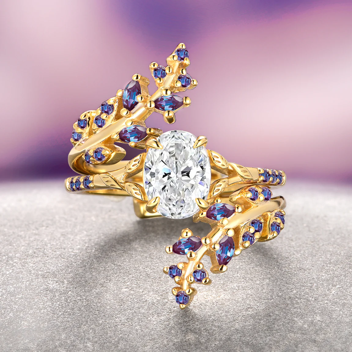 Moissanite & Alexandrite Leaf Engagement Ring Set- 14K Solid Yellow Gold