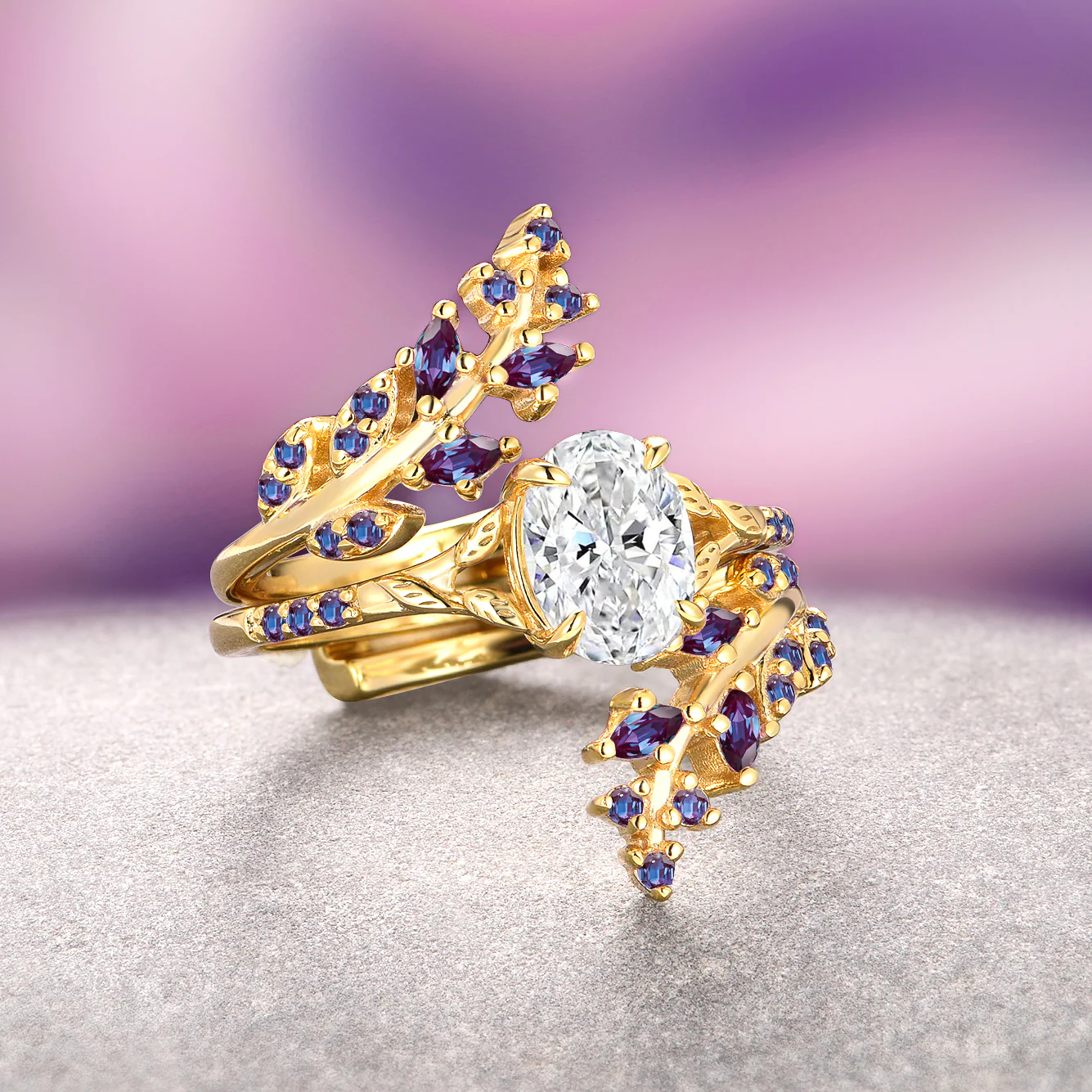 Moissanite & Alexandrite Leaf Engagement Ring Set- 14K Solid Yellow Gold - Image 2