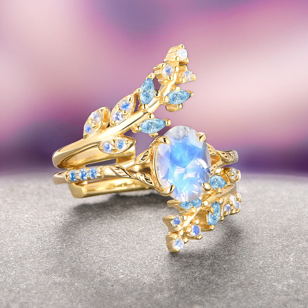 Moonstone and Aquamarine Leaf Engagement Ring Set- 14K Solid Yellow Gold - Image 2