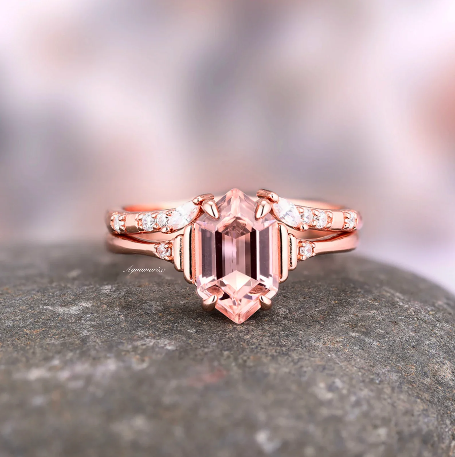 Hexagon Morganite Couples Ring Set - Image 3