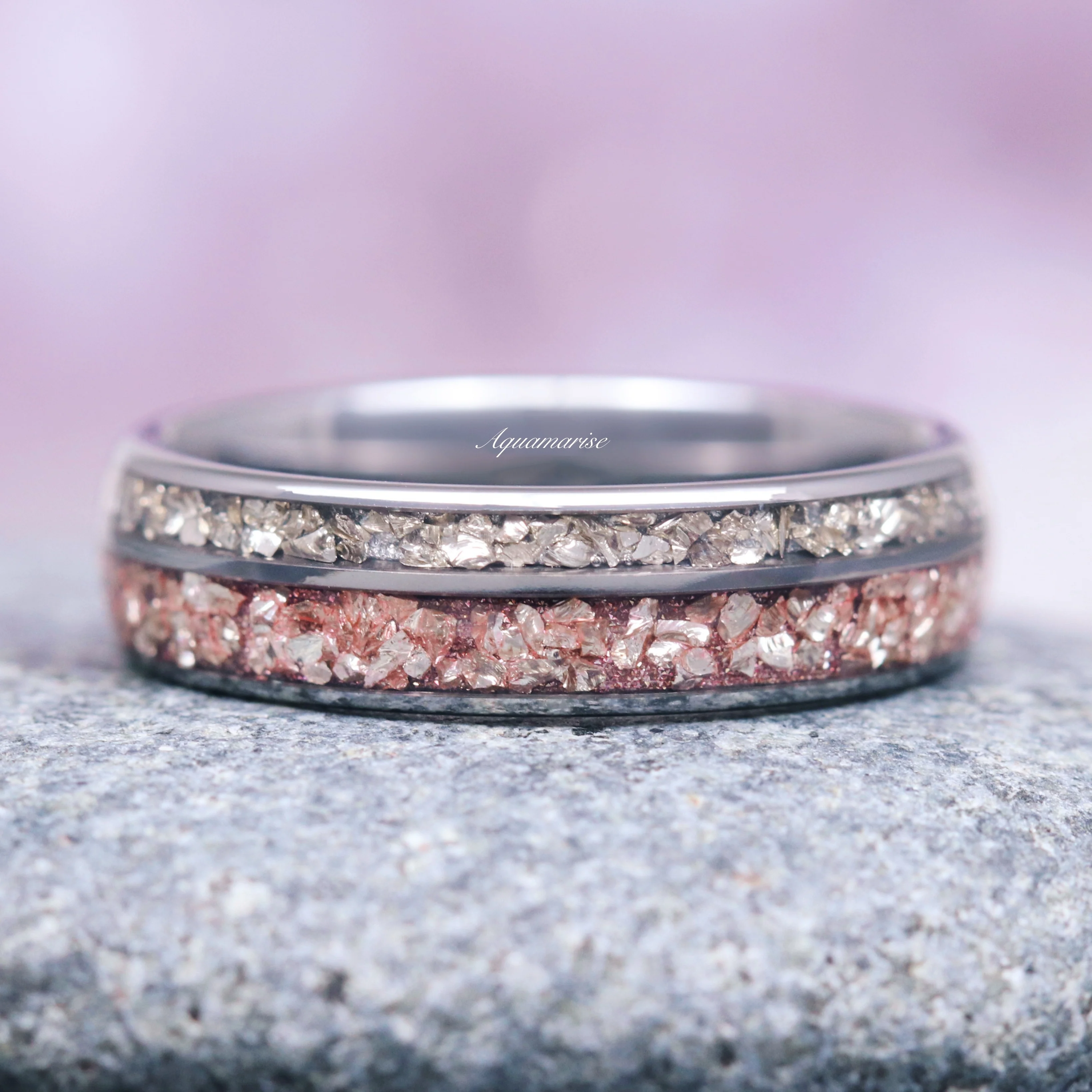 Morganite & Crushed Simulated Diamond Wedding Band- 6MM Tungsten