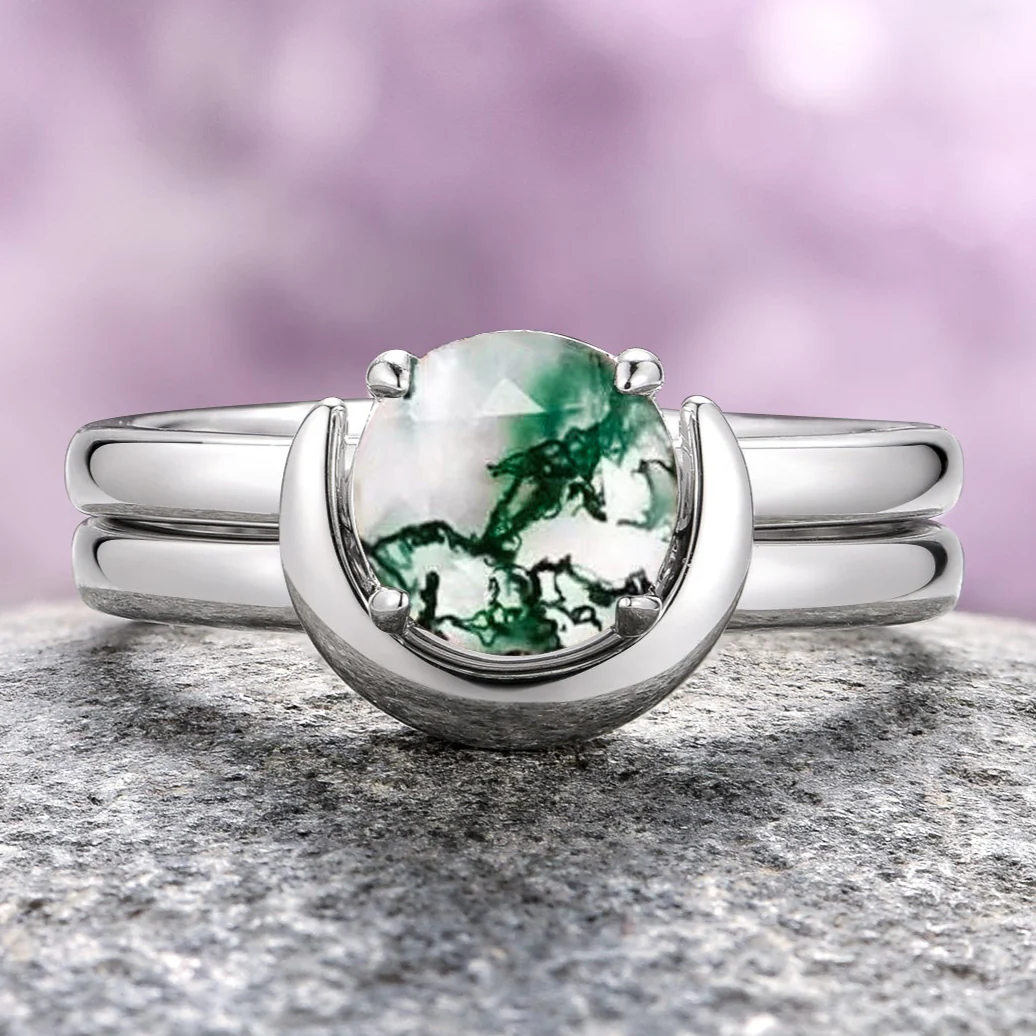 Green Moss Agate & Crescent Moon Couples Ring Set - Image 2