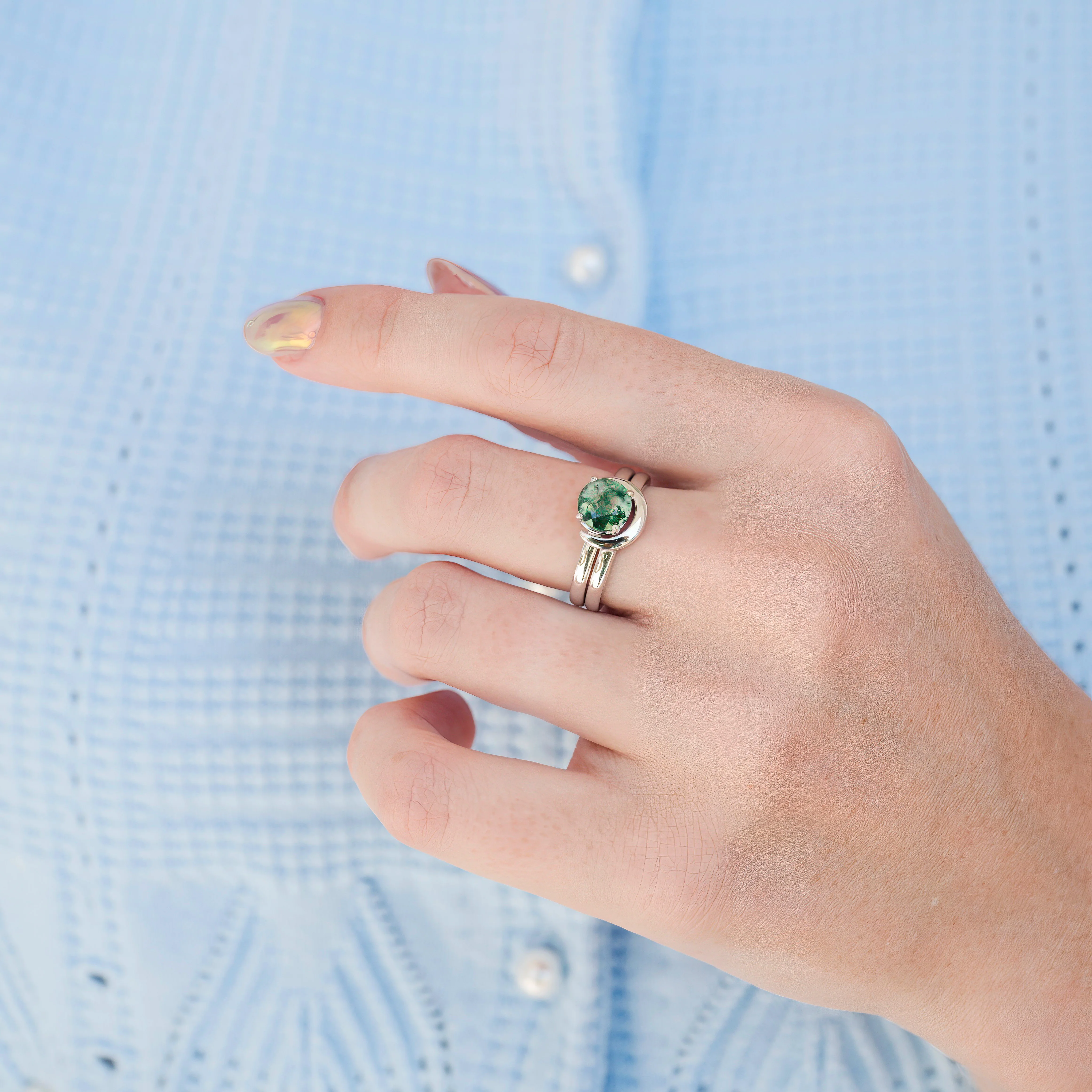 Green Moss Agate & Crescent Moon Couples Ring Set - Image 4