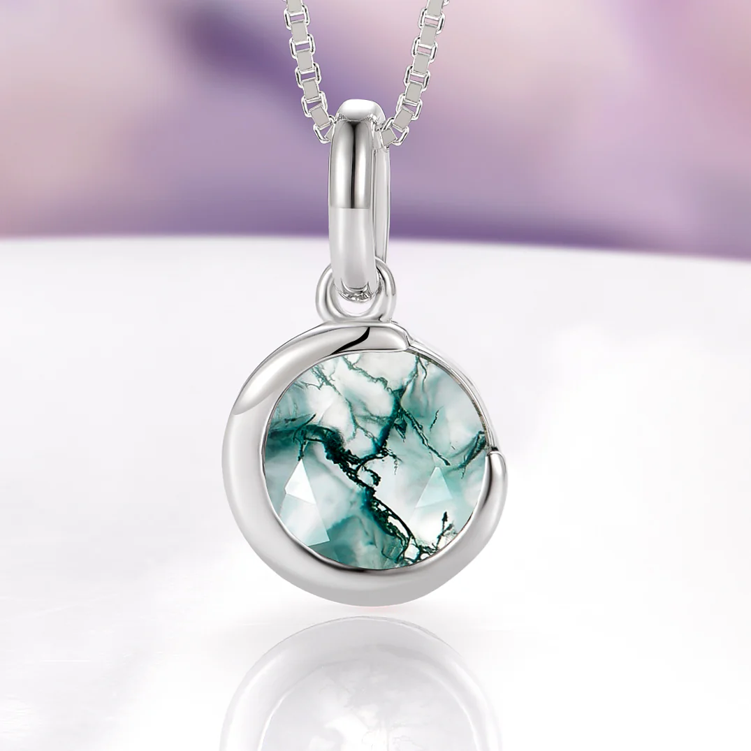 Moss Agate Crescent Moon Necklace in Sterling Silver