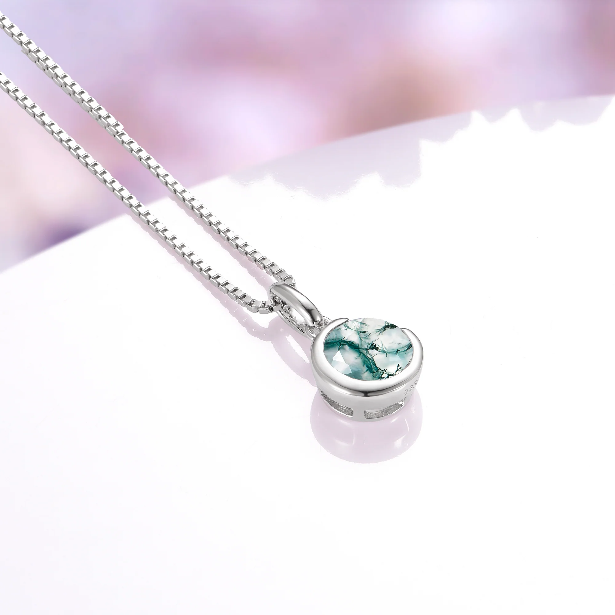 Moss Agate Crescent Moon Necklace in Sterling Silver - Image 2