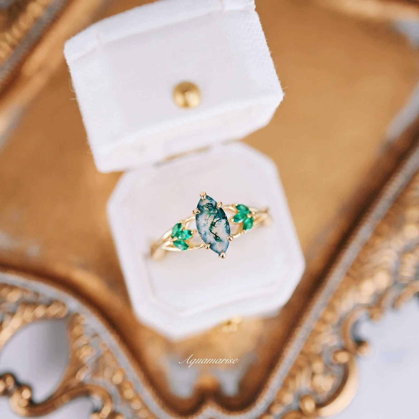 Celtic Knot Moss Agate & Gold Leaf Couples Ring Set - Image 4
