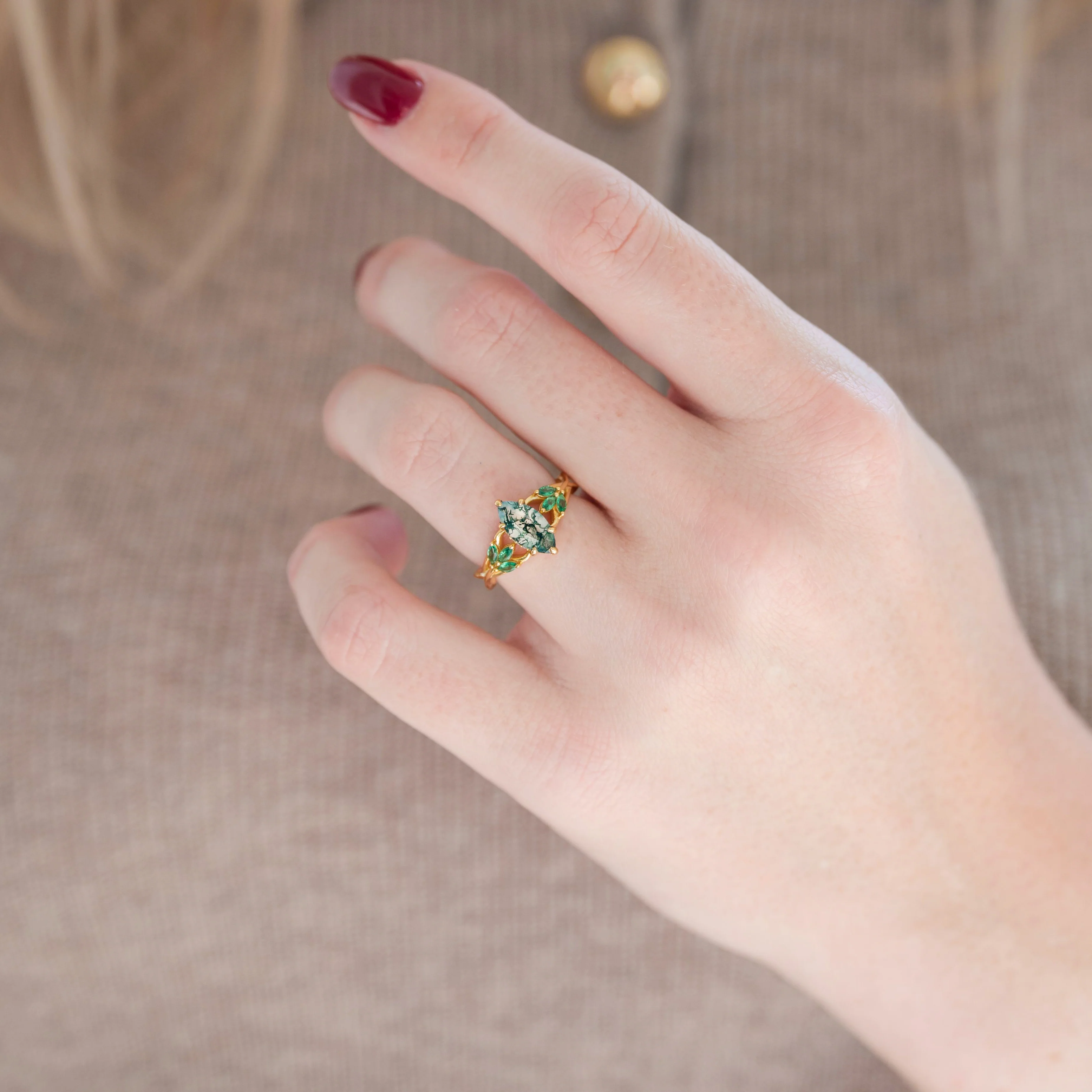 Celtic Knot Moss Agate & Gold Leaf Couples Ring Set - Image 6