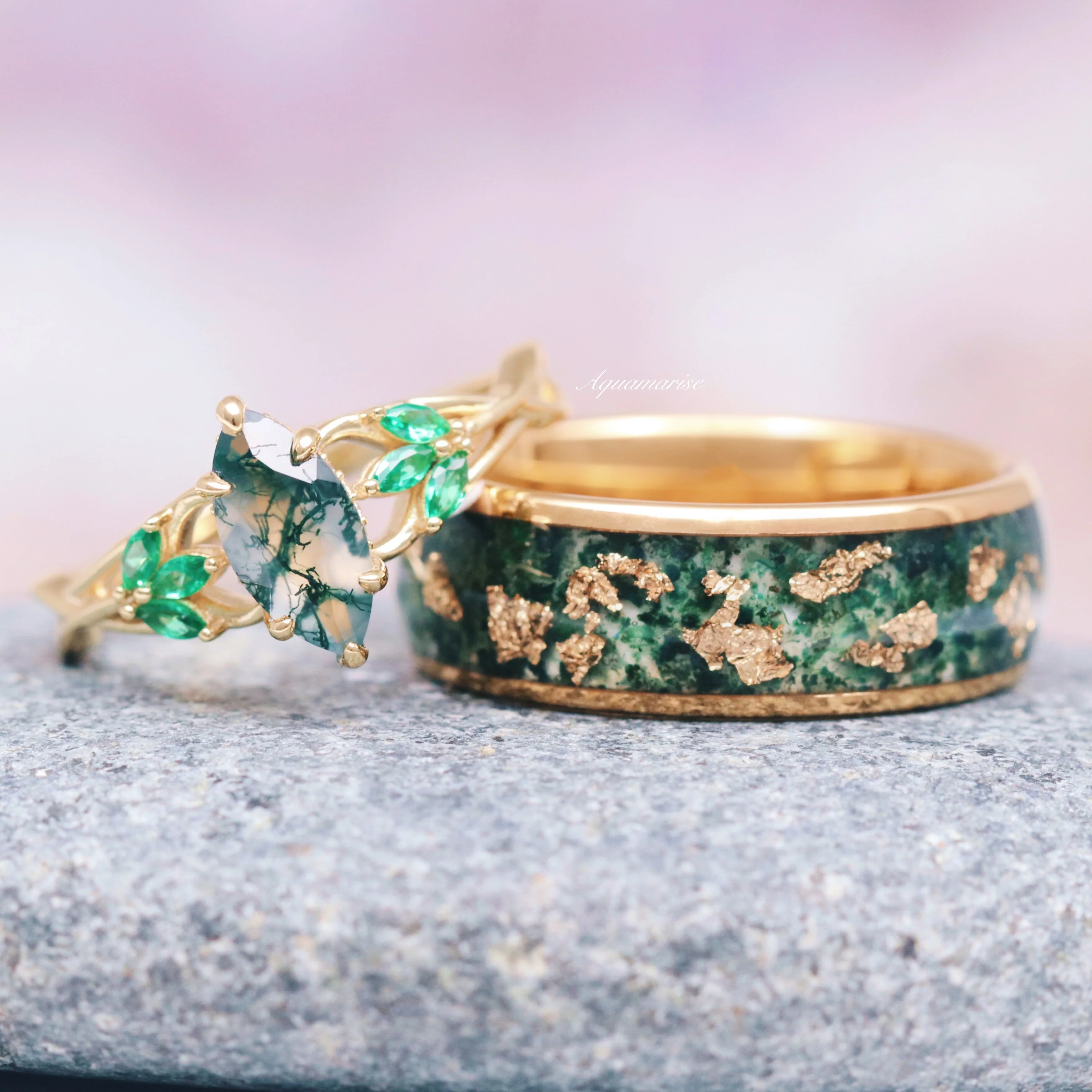 Moss Agate & Emerald Celtic Knot Ring- 14K Yellow Gold Vermeil - Image 2