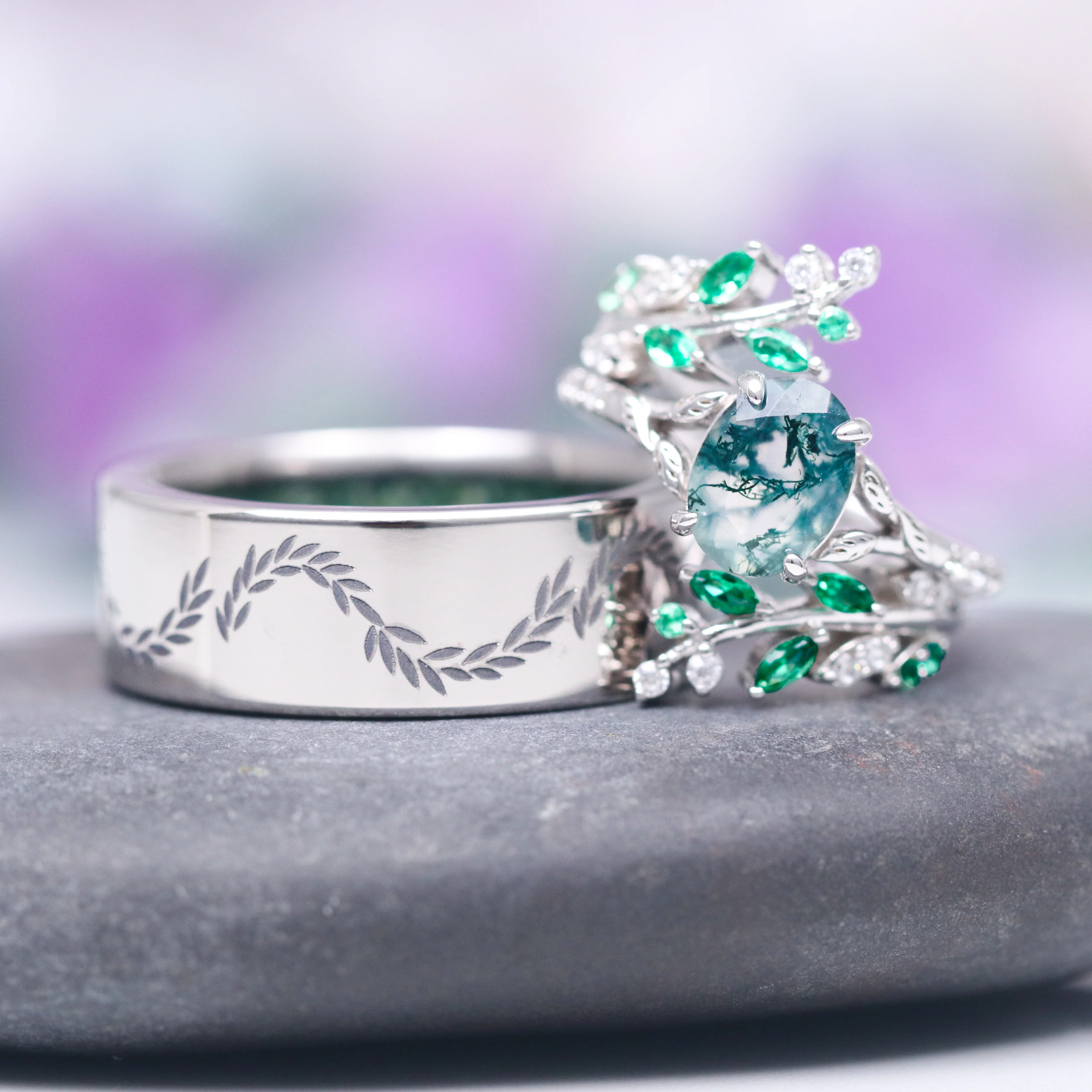 Moss Agate & Emerald Fairy Leaf Couples Ring Set