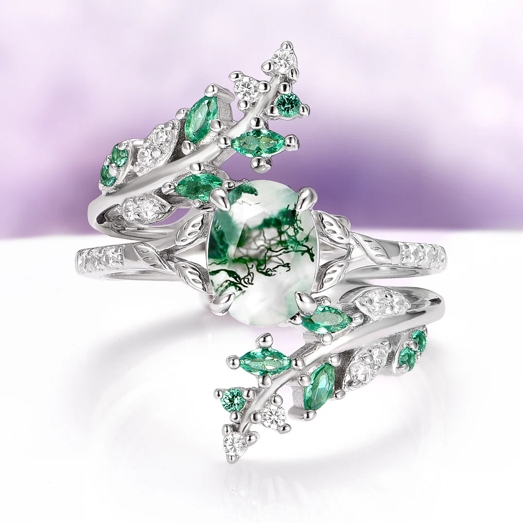 Moss Agate & Emerald Fairy Leaf Couples Ring Set - Image 2