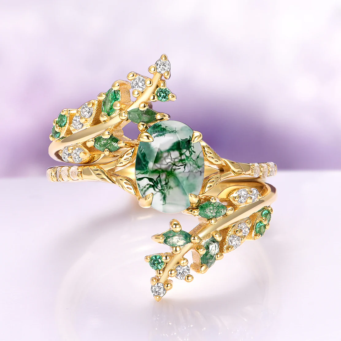 Moss Agate & Emerald Leaf Couples Ring Set - Image 3