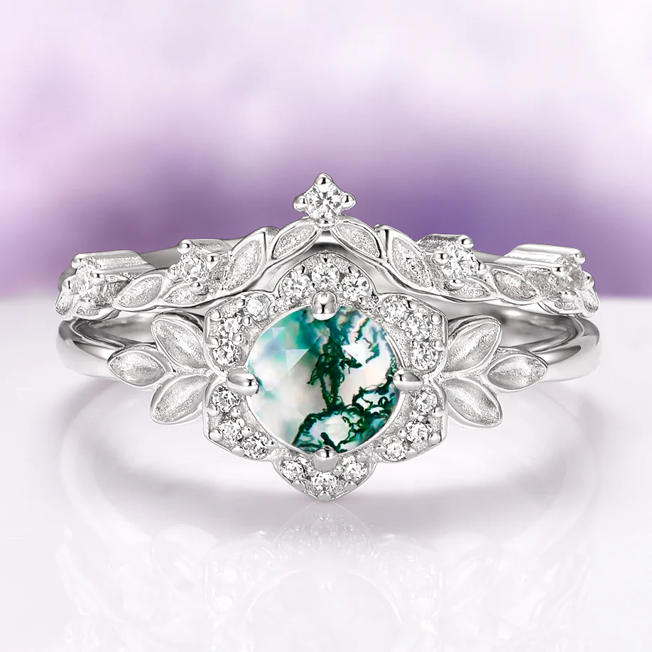 Moss Agate Fairy Leaf Ring Set in 14K White Gold