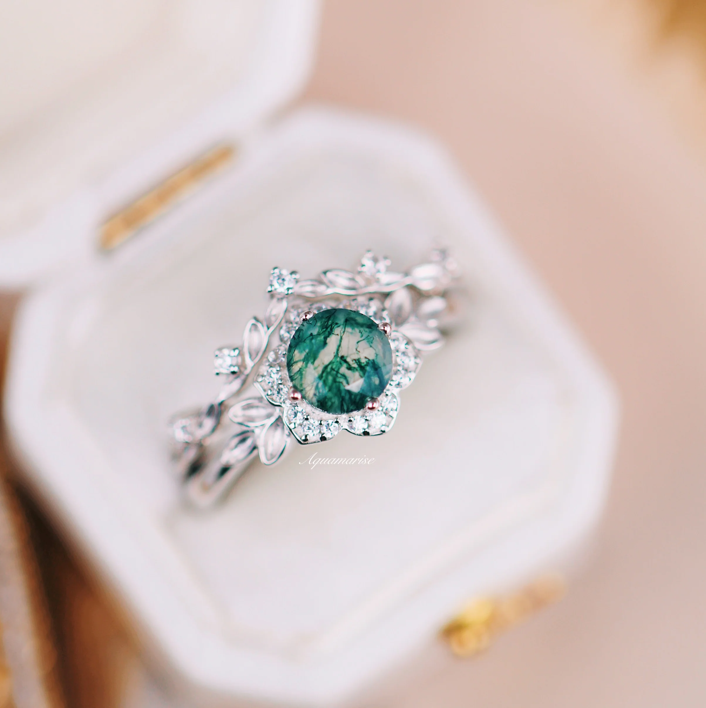 Moss Agate Fairy Leaf Ring Set in 14K White Gold - Image 2