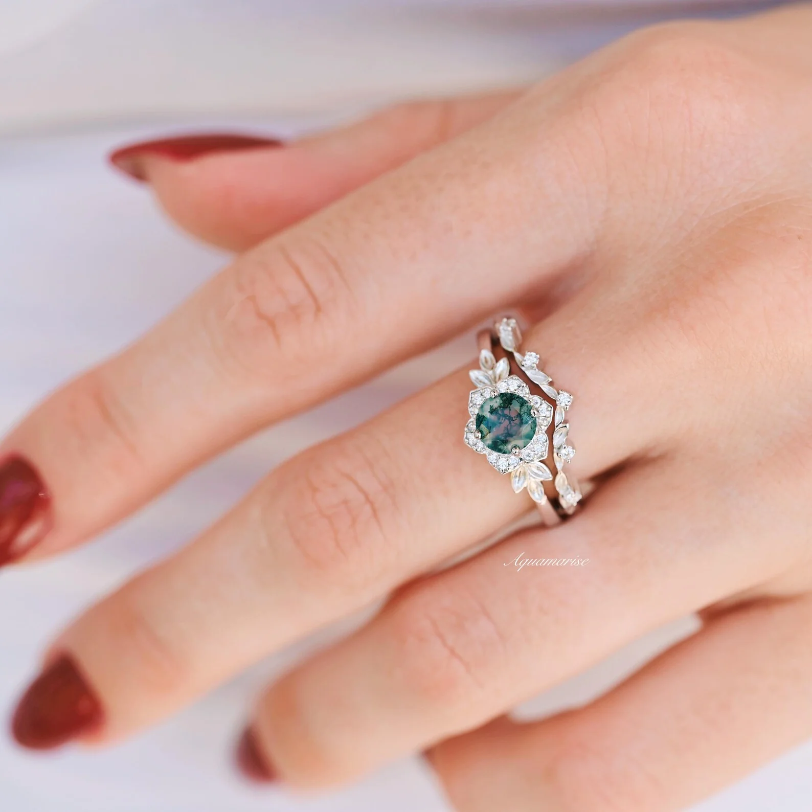 Moss Agate Fairy Leaf Ring Set in 14K White Gold - Image 3
