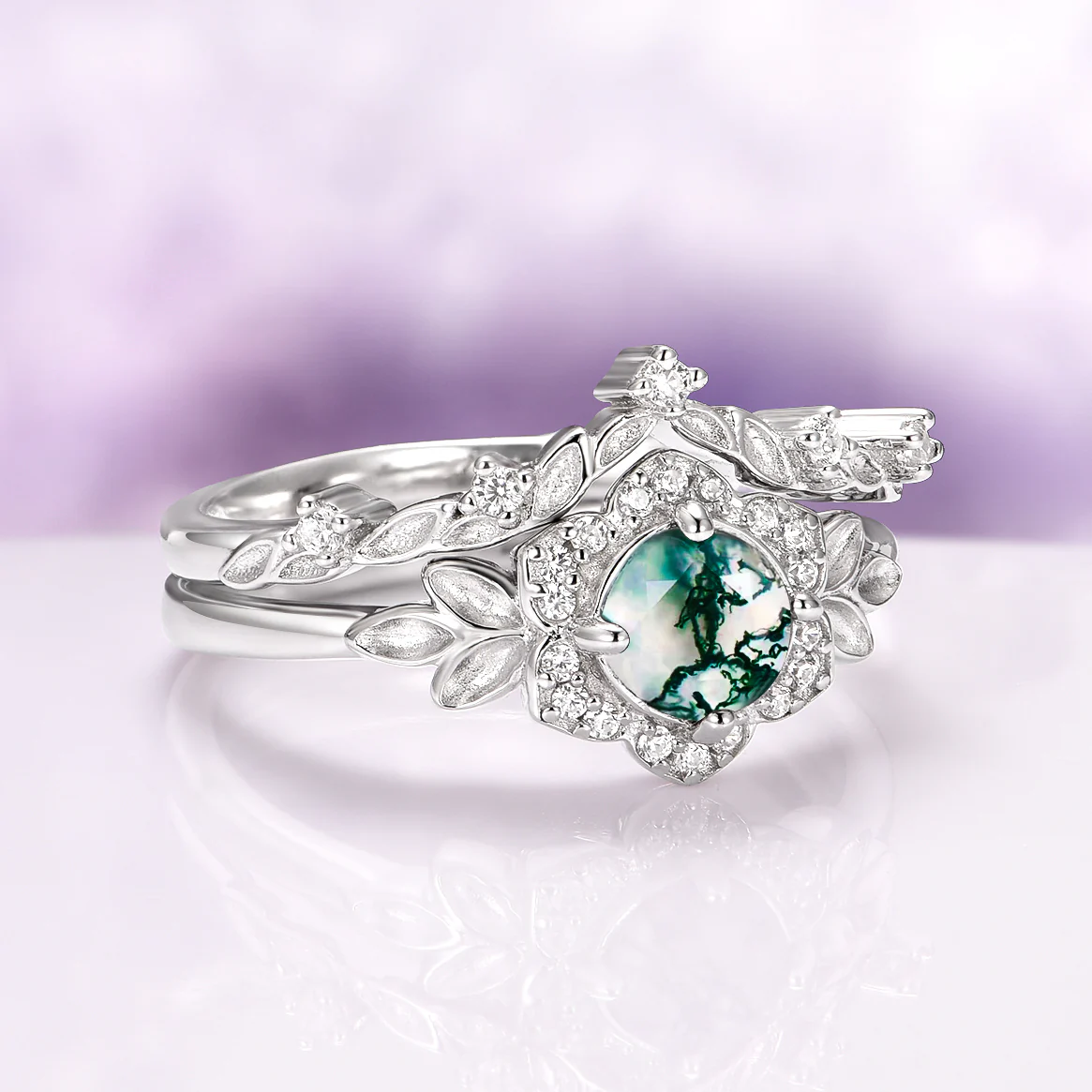 Moss Agate Fairy Leaf Ring Set in 14K White Gold - Image 6