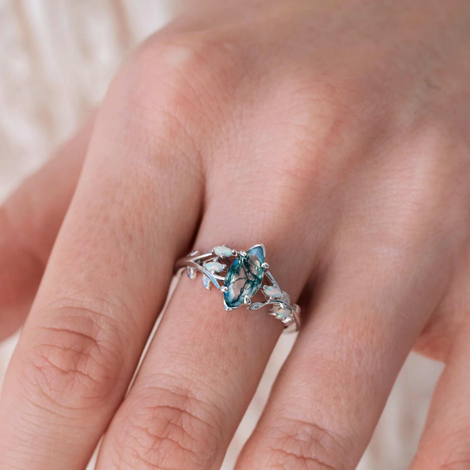 Rowan Moss Agate & Fire Opal Fairy Leaf Ring in Sterling Silver - Image 2