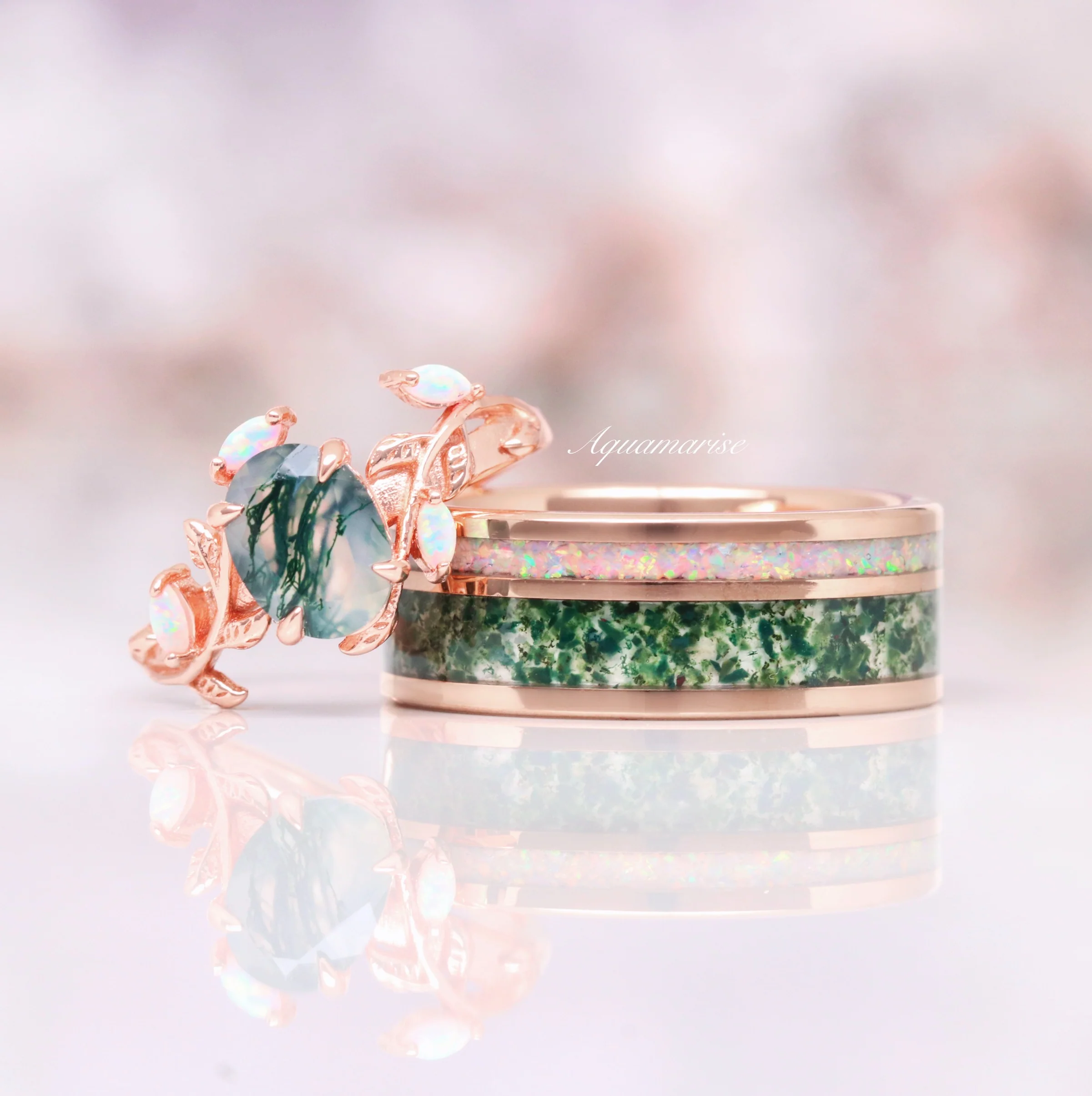 Moss Agate & Fire Opal Wedding Band- 8MM Rose Gold Tungsten - Image 2