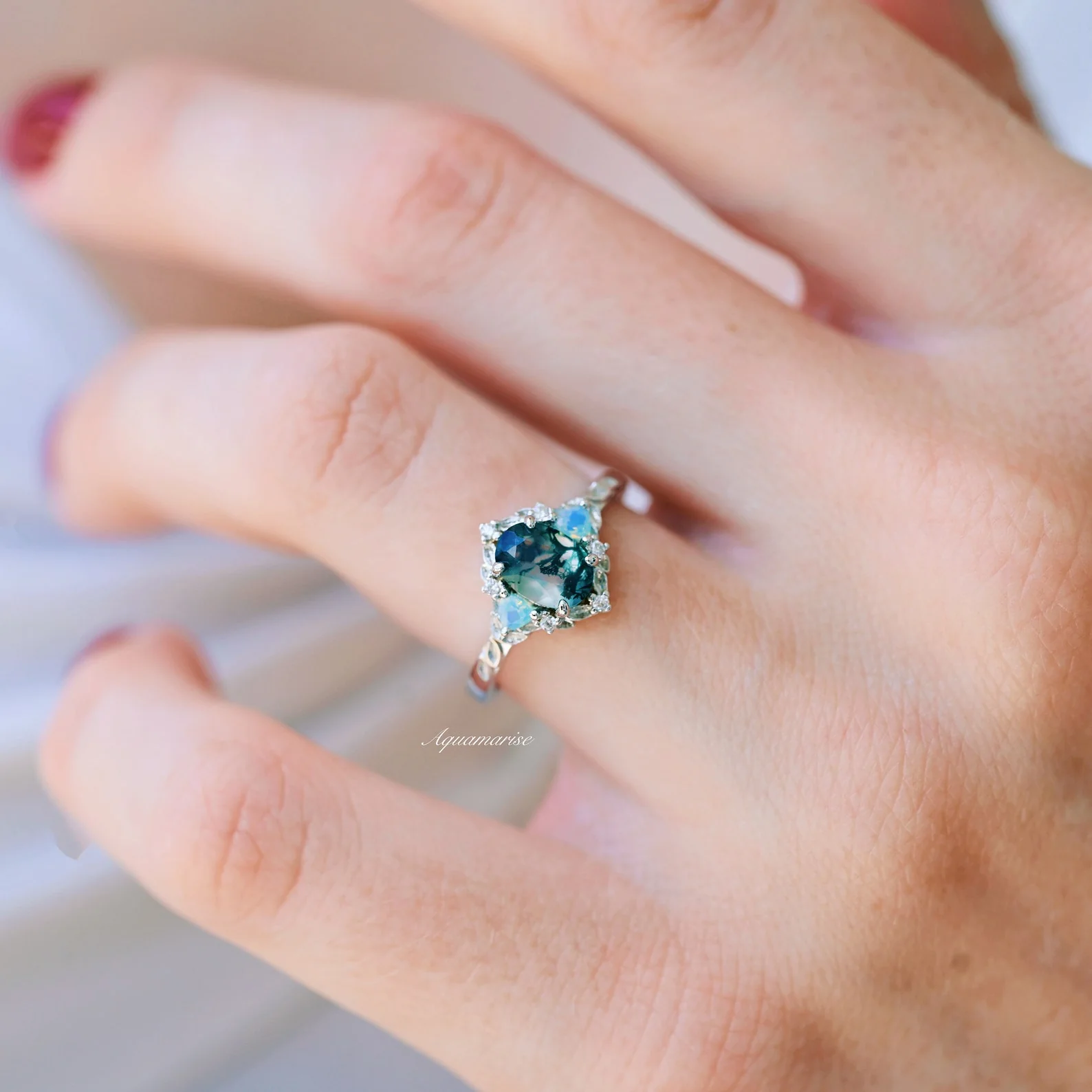 Moss Agate & Opalescent Sapphire Leaf Ring- Sterling Silver - Image 3