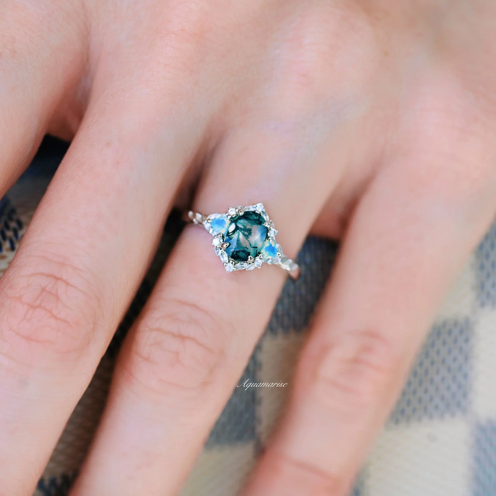 Moss Agate & Opalescent Sapphire Leaf Ring- Sterling Silver - Image 6