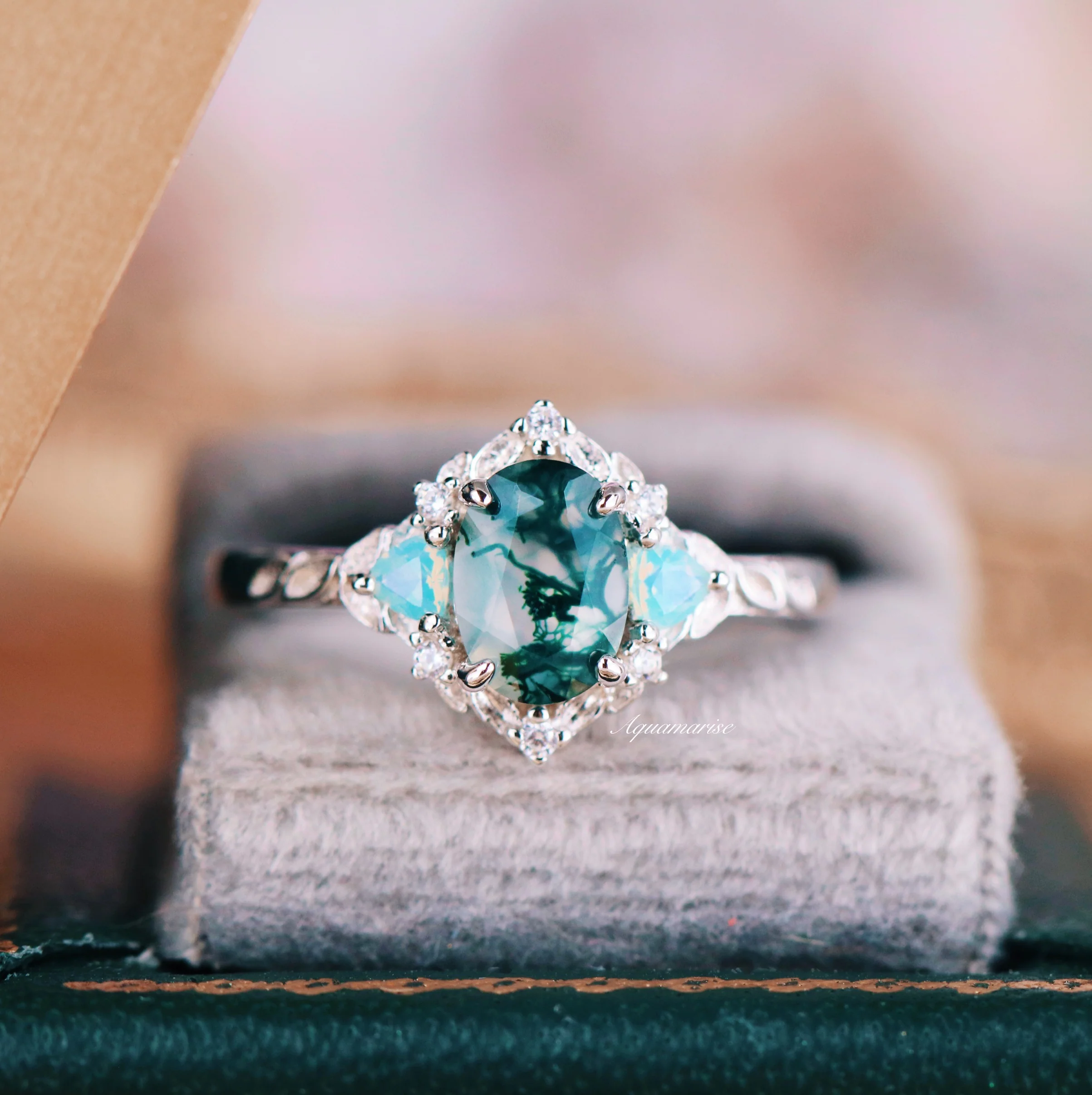 Moss Agate & Opalescent Sapphire Leaf Ring- Sterling Silver - Image 5