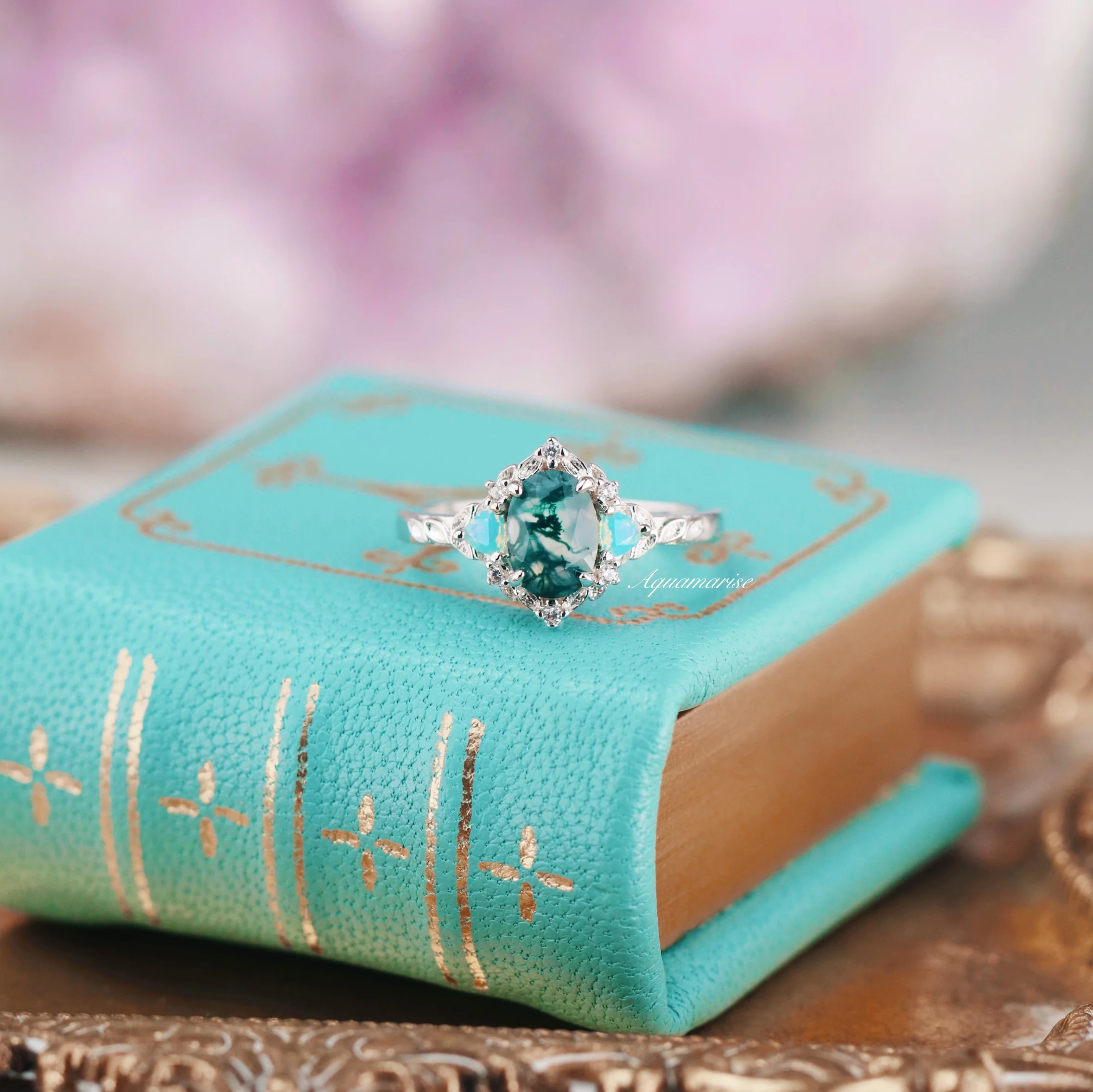 Moss Agate & Opalescent Sapphire Leaf Ring- Sterling Silver - Image 7