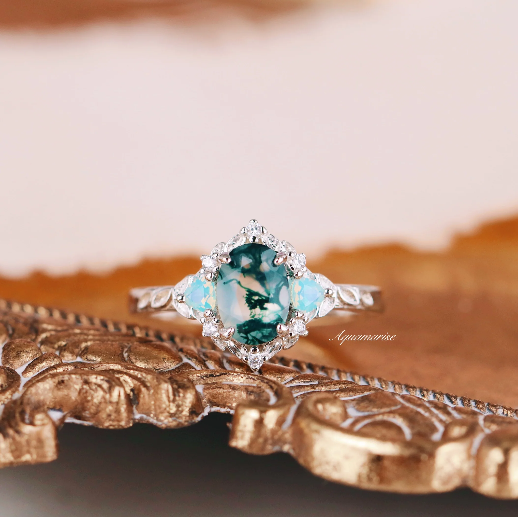 Moss Agate & Opalescent Sapphire Leaf Ring- Sterling Silver - Image 4