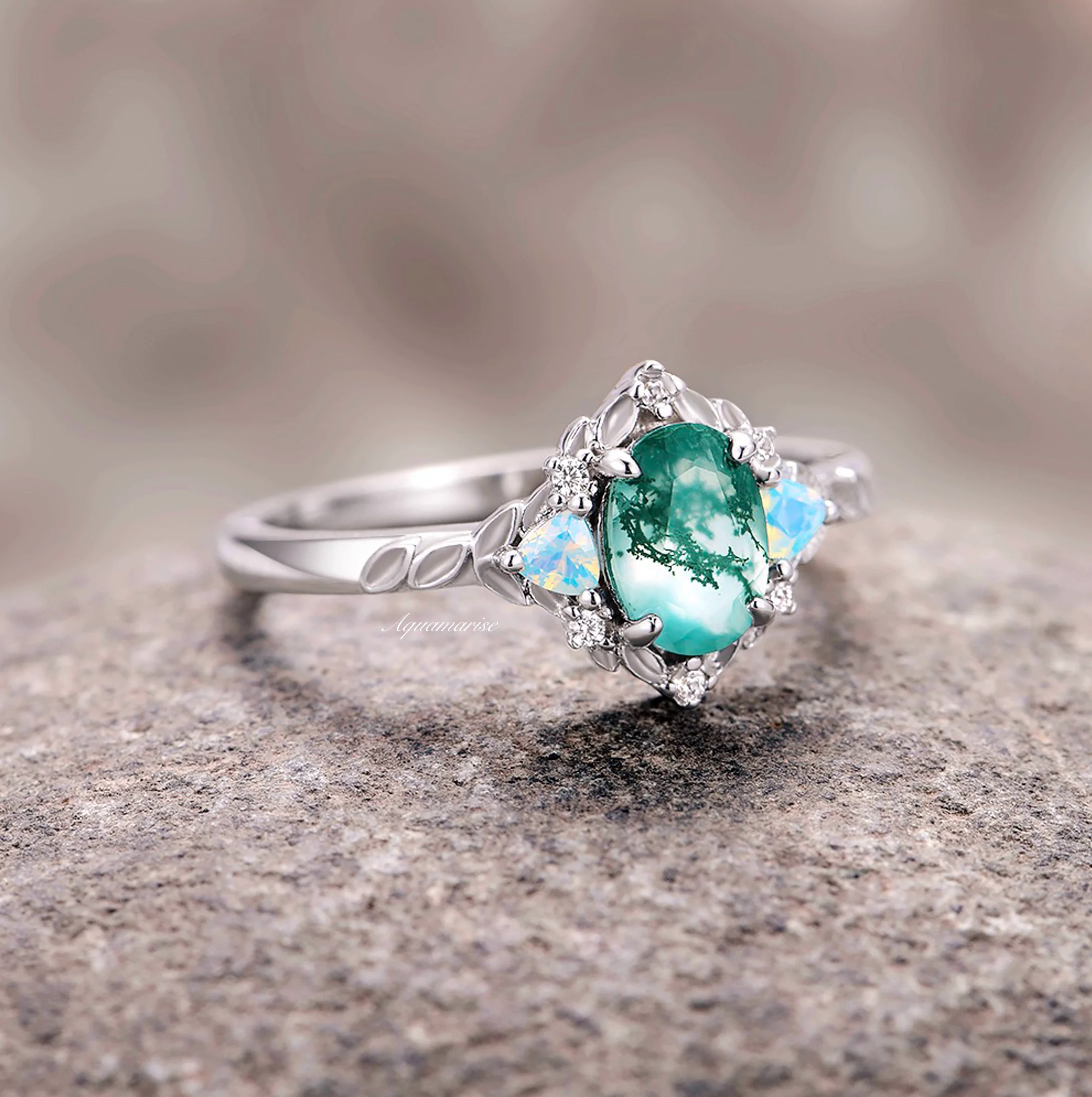 Moss Agate & Opalescent Sapphire Leaf Ring- Sterling Silver - Image 8