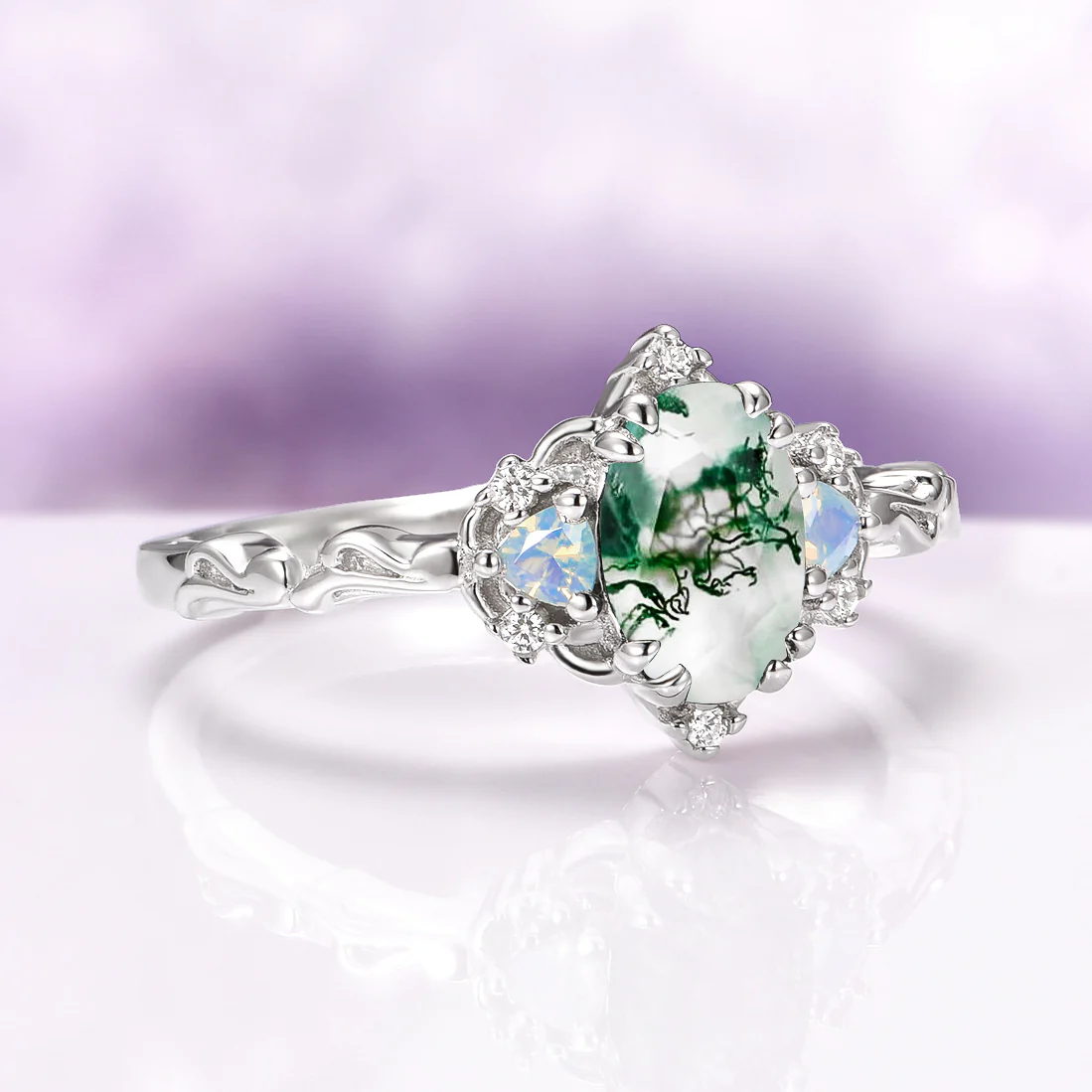 Esme Moss Agate and Opalescent Sapphire Engagement Ring in 14K White Gold - Image 2