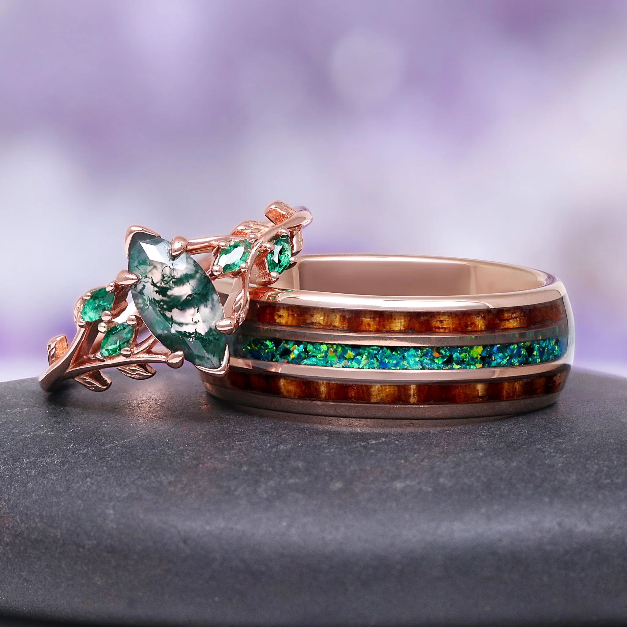 Moss Agate, Peacock Opal & Whiskey Barrel Wood Couples Ring Set