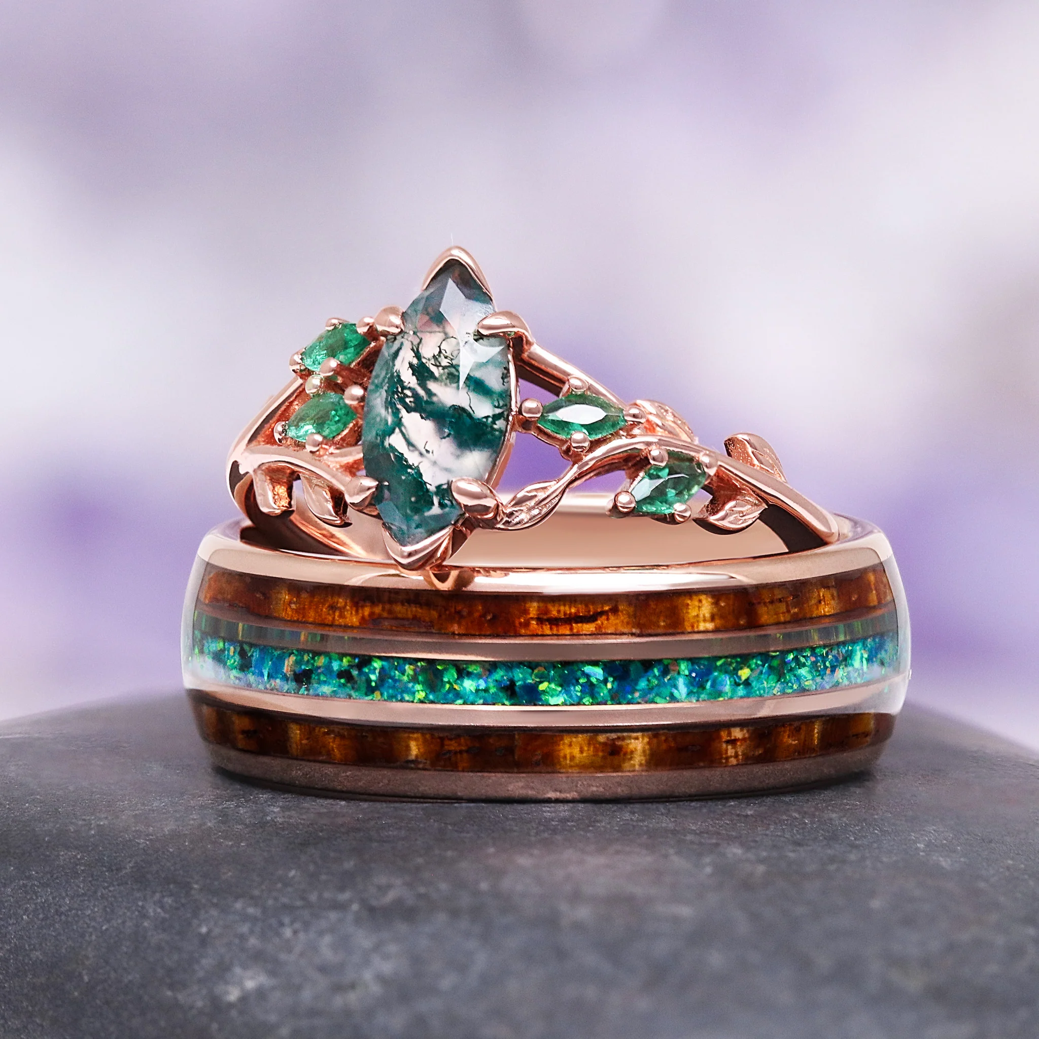 Moss Agate, Peacock Opal & Whiskey Barrel Wood Couples Ring Set - Image 2