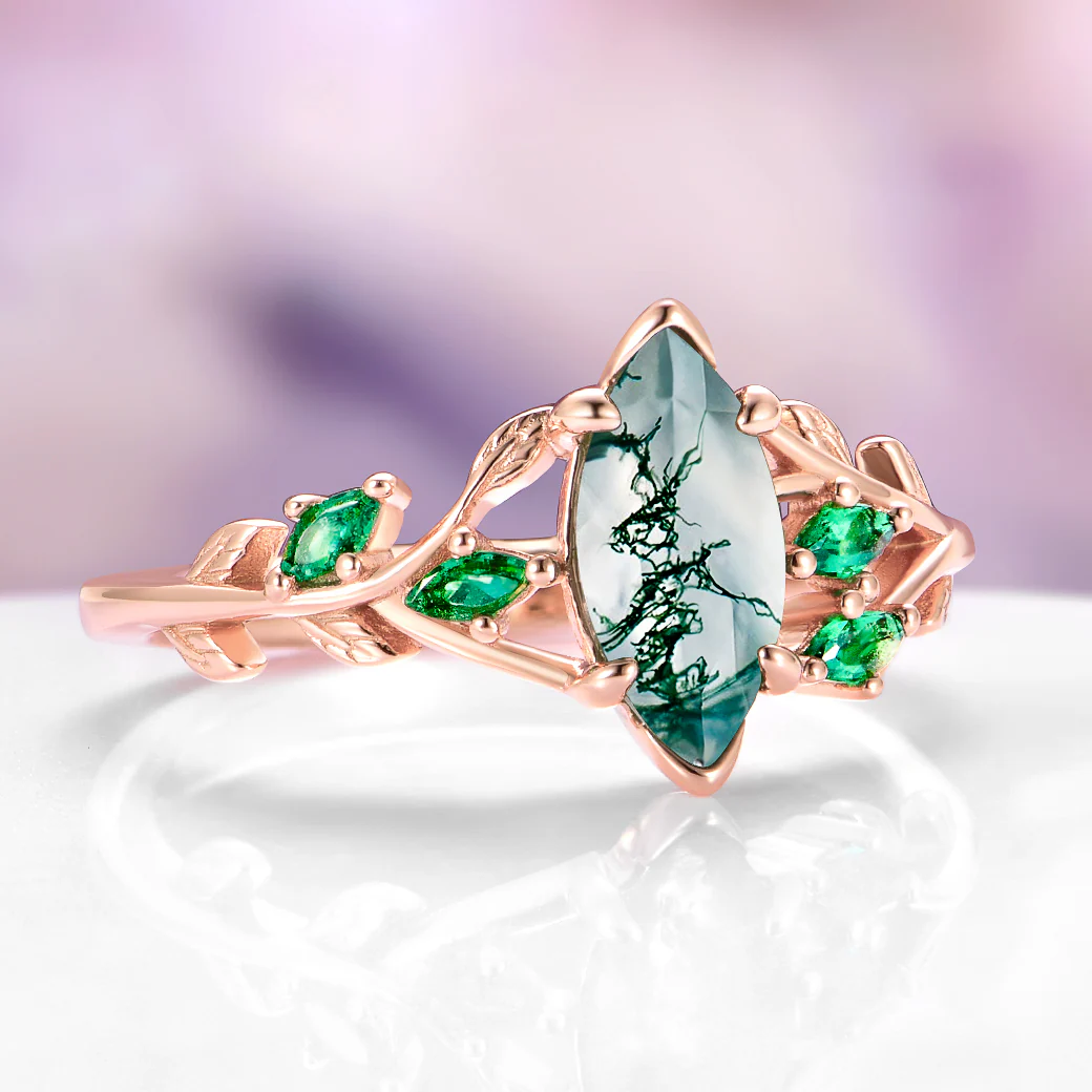 Rowan Marquise Moss Agate Leaf Engagement Ring in Solid 14K Rose Gold - Image 5
