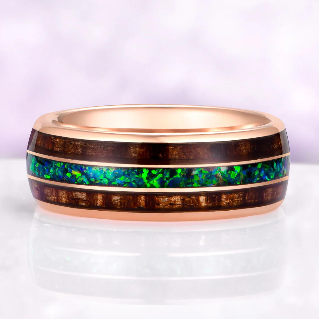 Moss Agate, Peacock Opal & Whiskey Barrel Wood Couples Ring Set - Image 8
