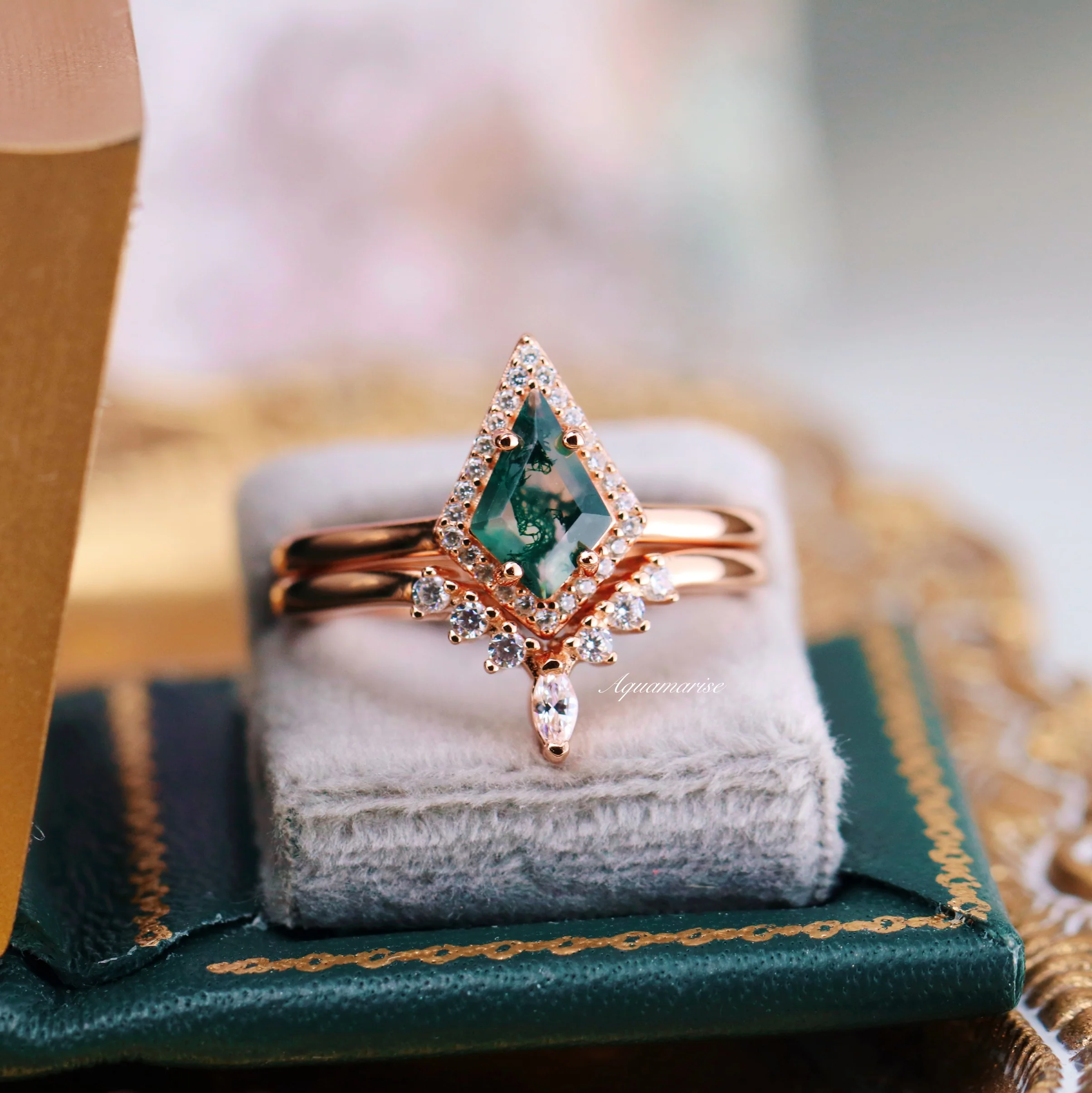 Mountain Range Green Moss Agate Couples Ring Set - Image 6