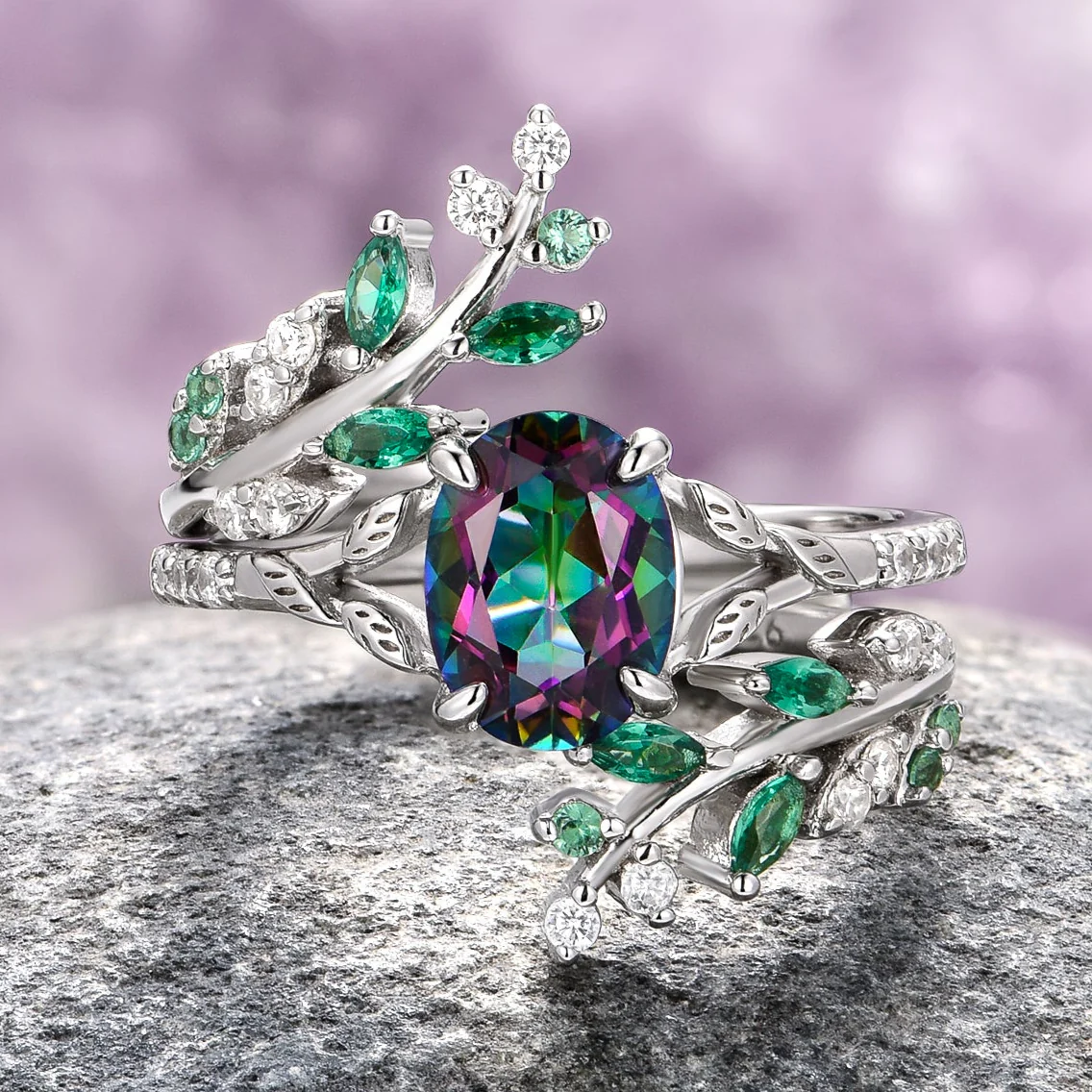 Mystic Topaz & Emerald Leaf Engagement Ring Set in 14K White Gold - Image 11