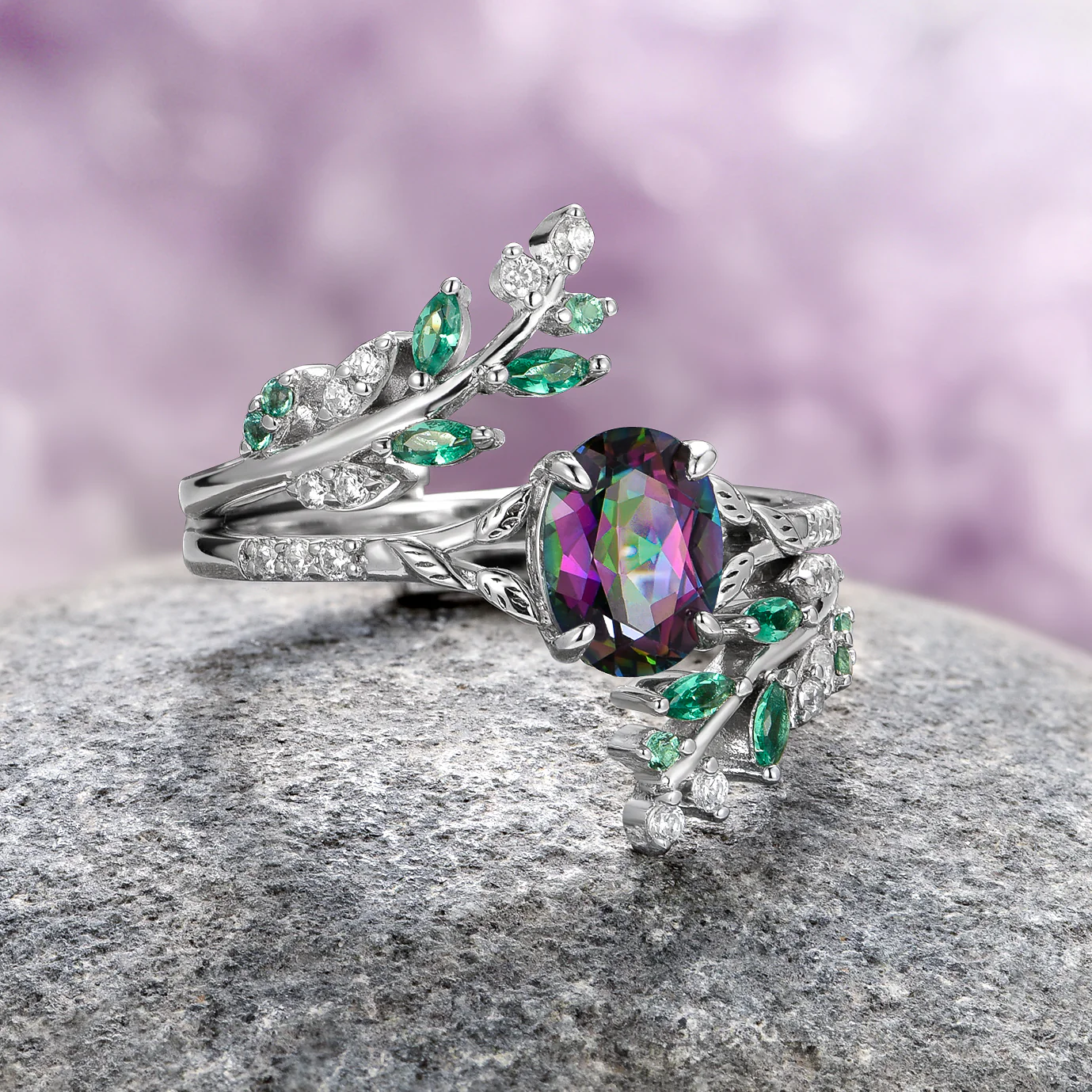 Mystic Topaz & Emerald Leaf Engagement Ring Set in 14K White Gold - Image 12