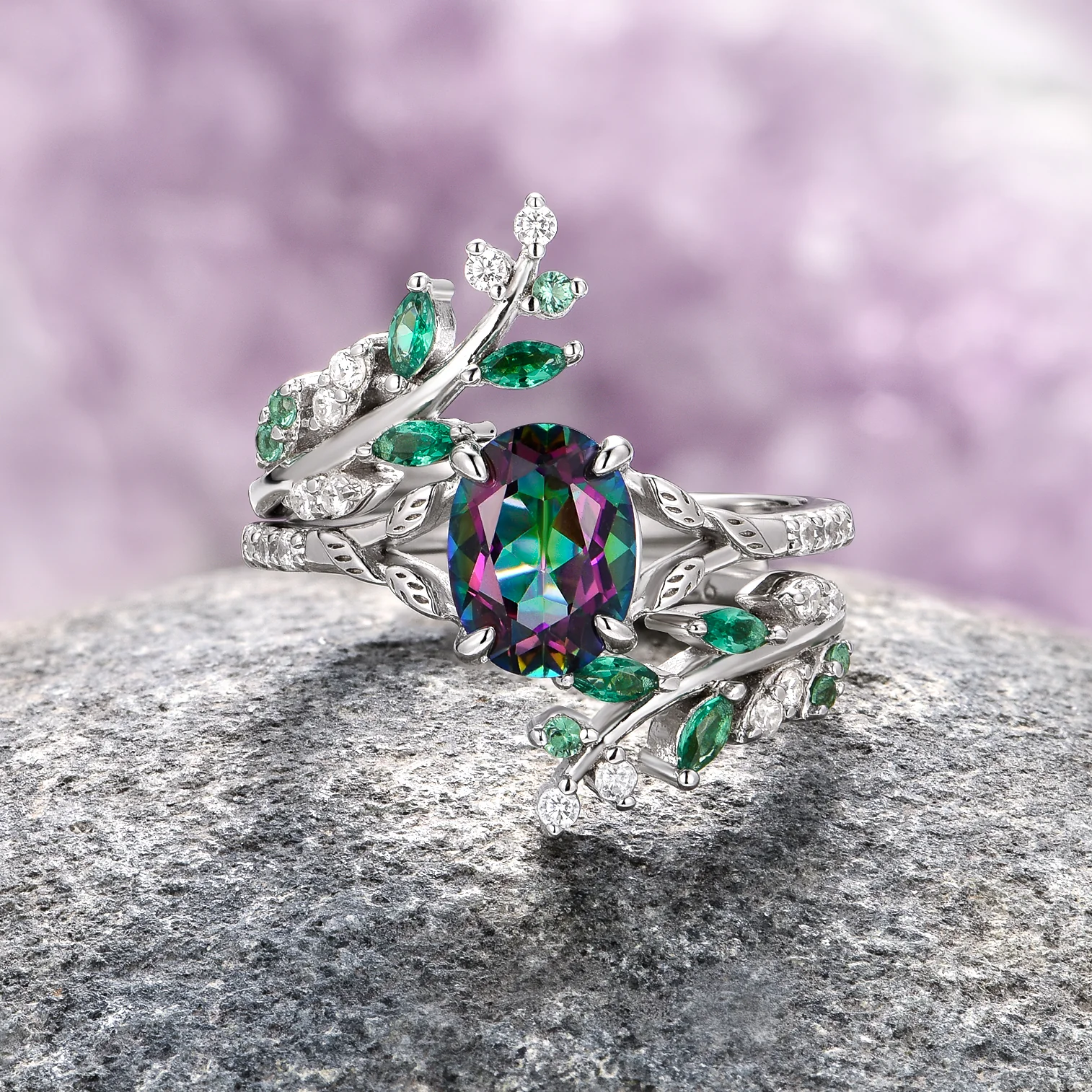 Mystic Topaz & Galaxy Opal Leaf Couples Ring Set - Image 12