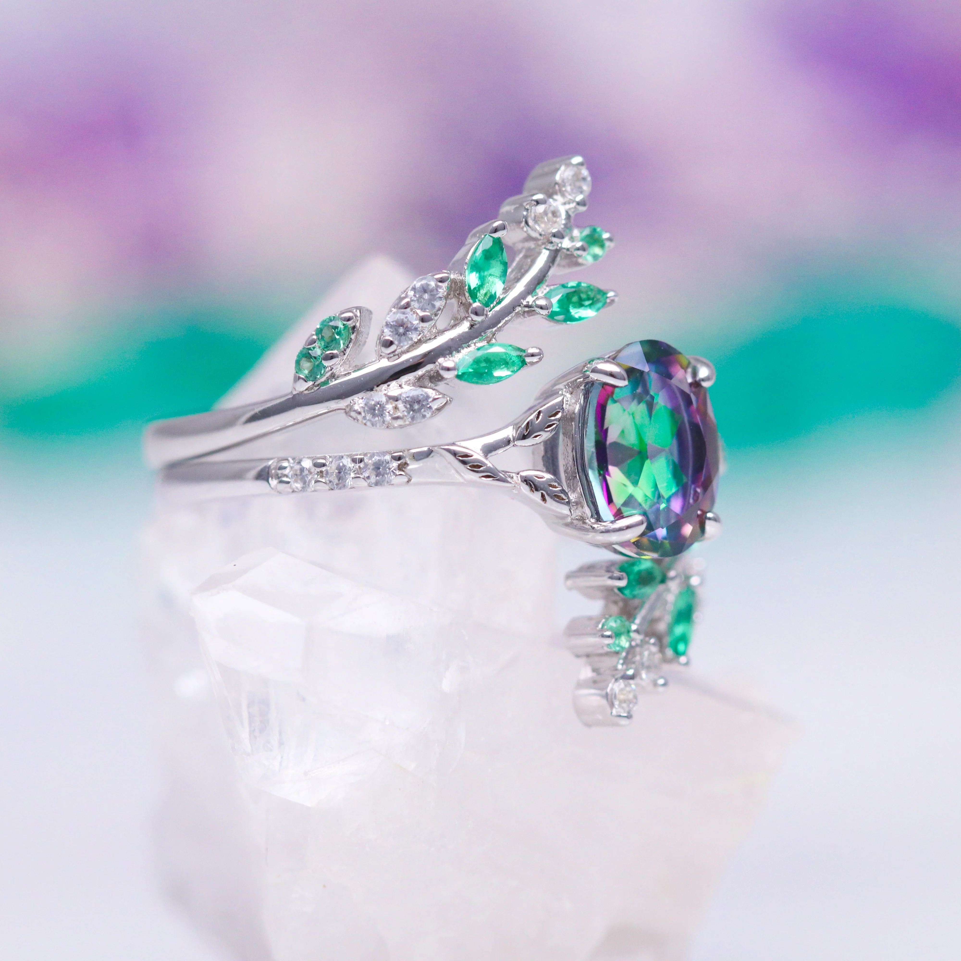 Mystic Topaz & Galaxy Opal Leaf Couples Ring Set - Image 4