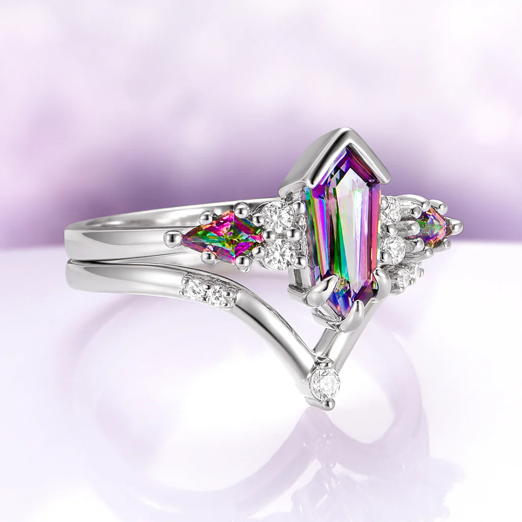 Hexagon Kite Mystic Topaz Engagement Ring Set in 14K White Gold - Image 2