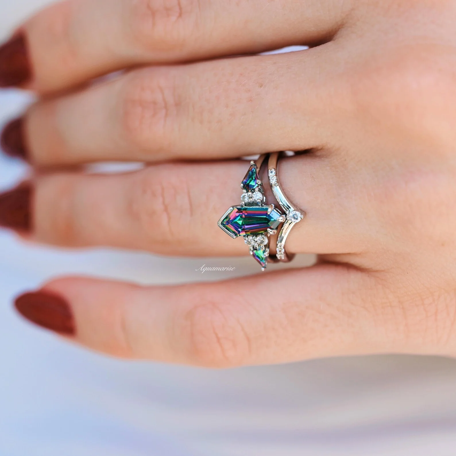 Hexagon Kite Mystic Topaz Engagement Ring Set in 14K White Gold - Image 3
