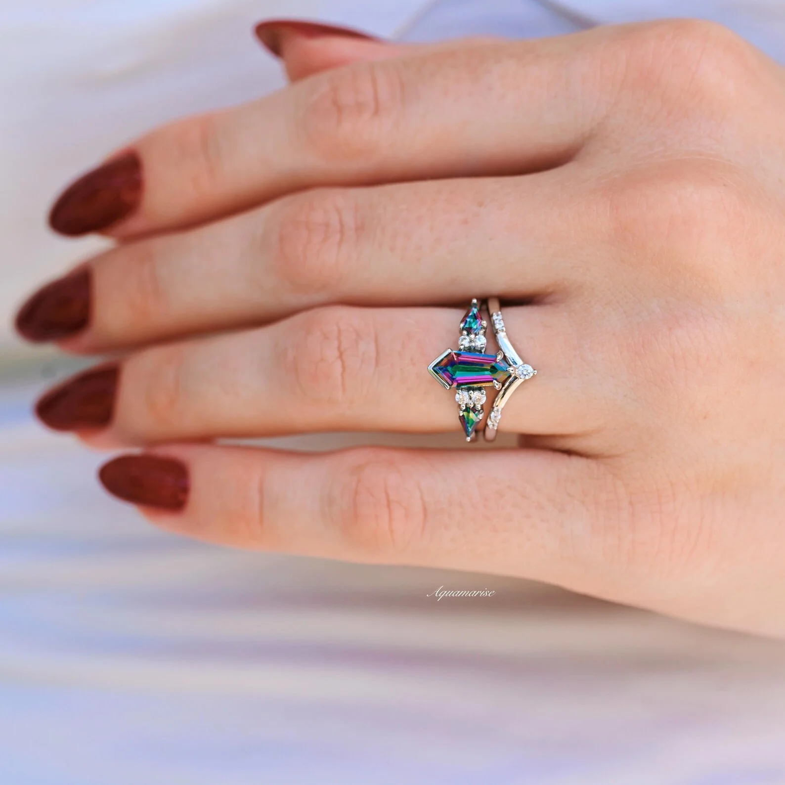 Hexagon Kite Mystic Topaz Engagement Ring Set in 14K White Gold - Image 4